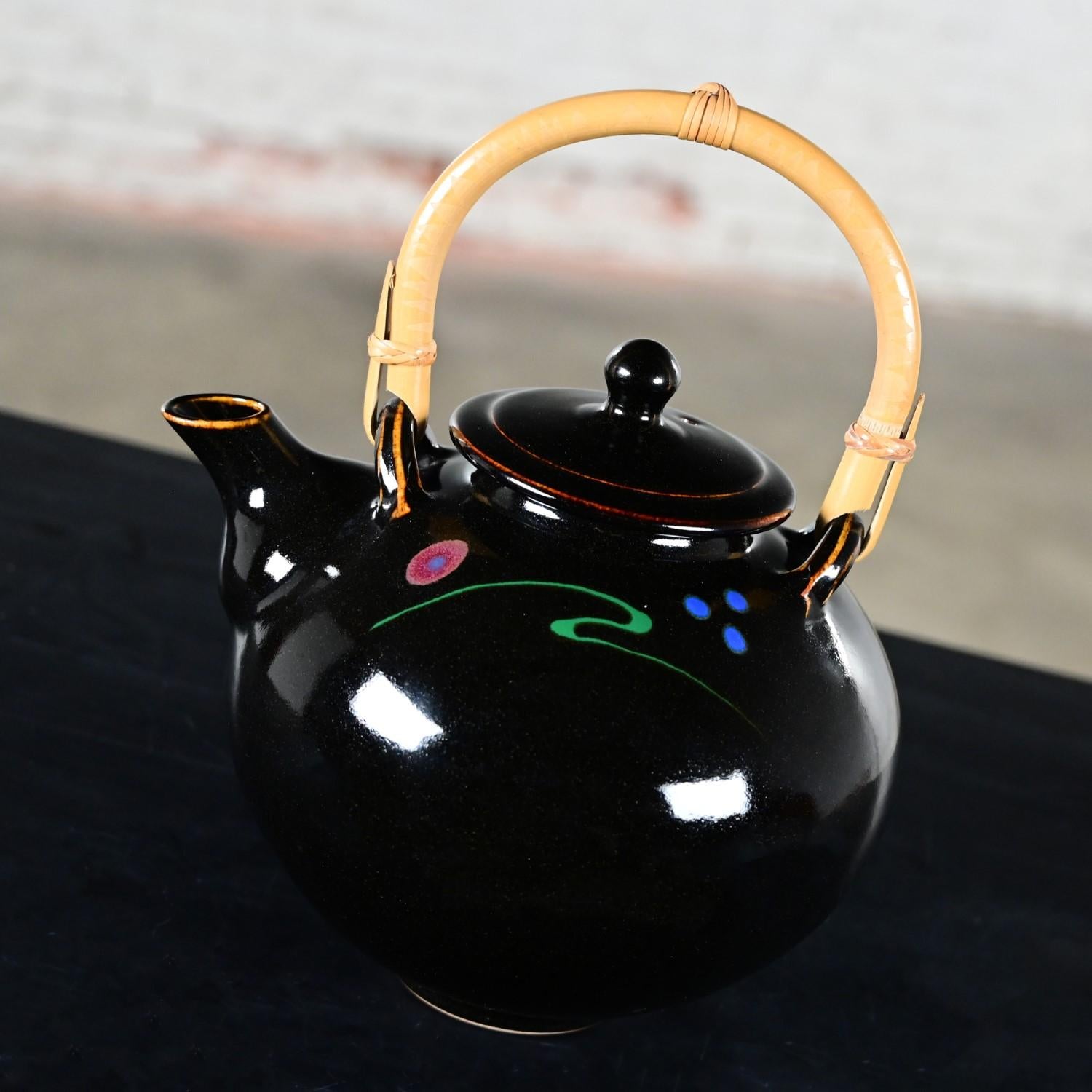 Late 20th Century Contemporary Asian Dark Brown Glazed Ceramic Teapot Rattan Hdl For Sale 1