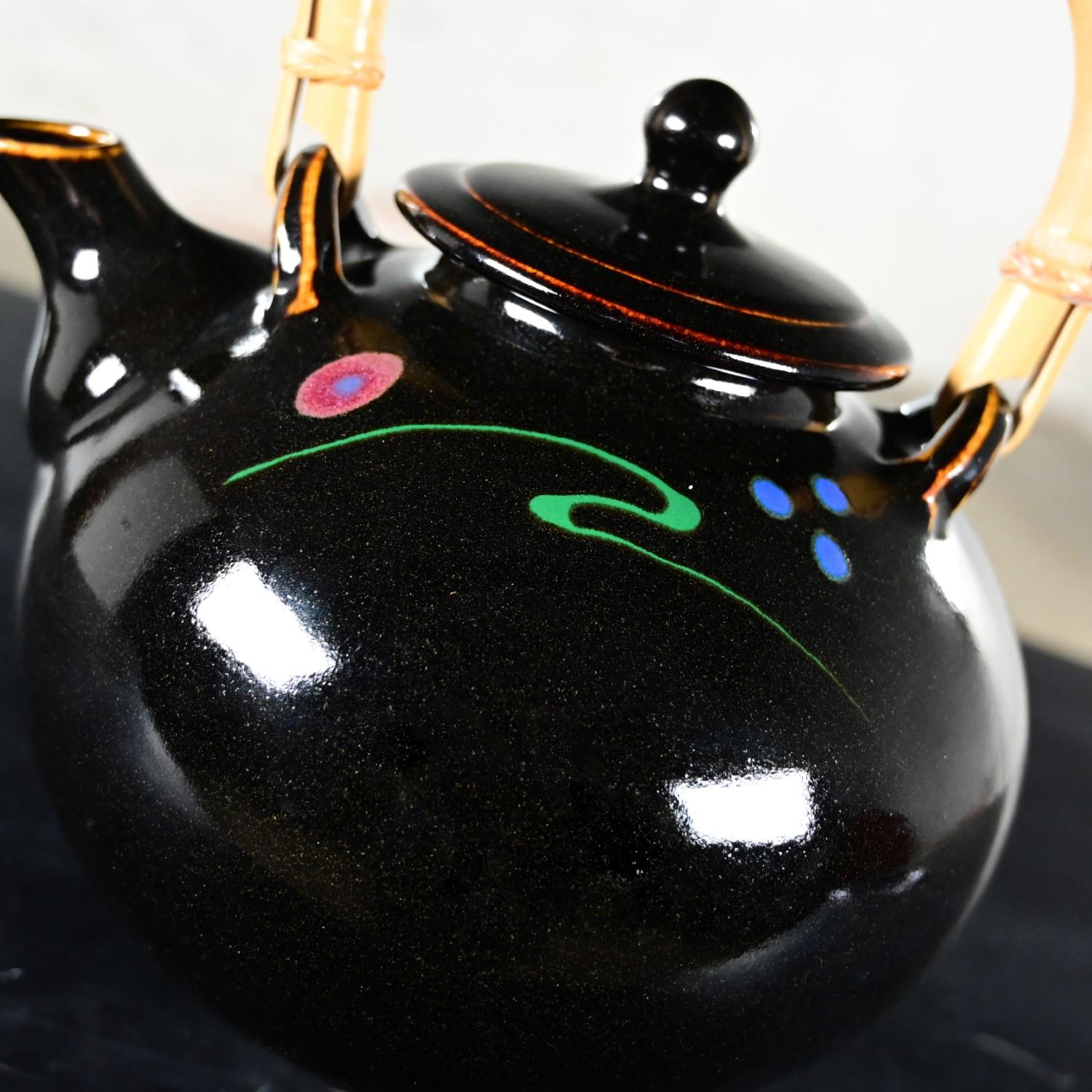 Late 20th Century Contemporary Asian Dark Brown Glazed Ceramic Teapot Rattan Hdl For Sale 2
