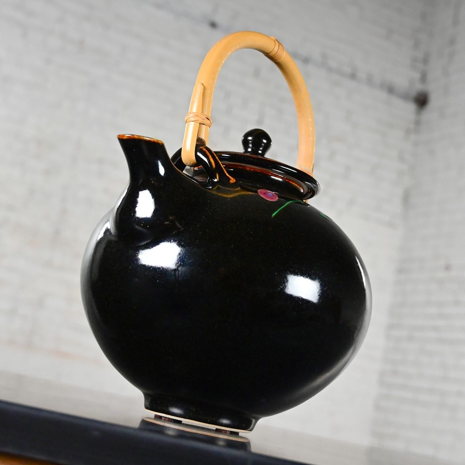 Late 20th Century Contemporary Asian Dark Brown Glazed Ceramic Teapot Rattan Hdl For Sale 3