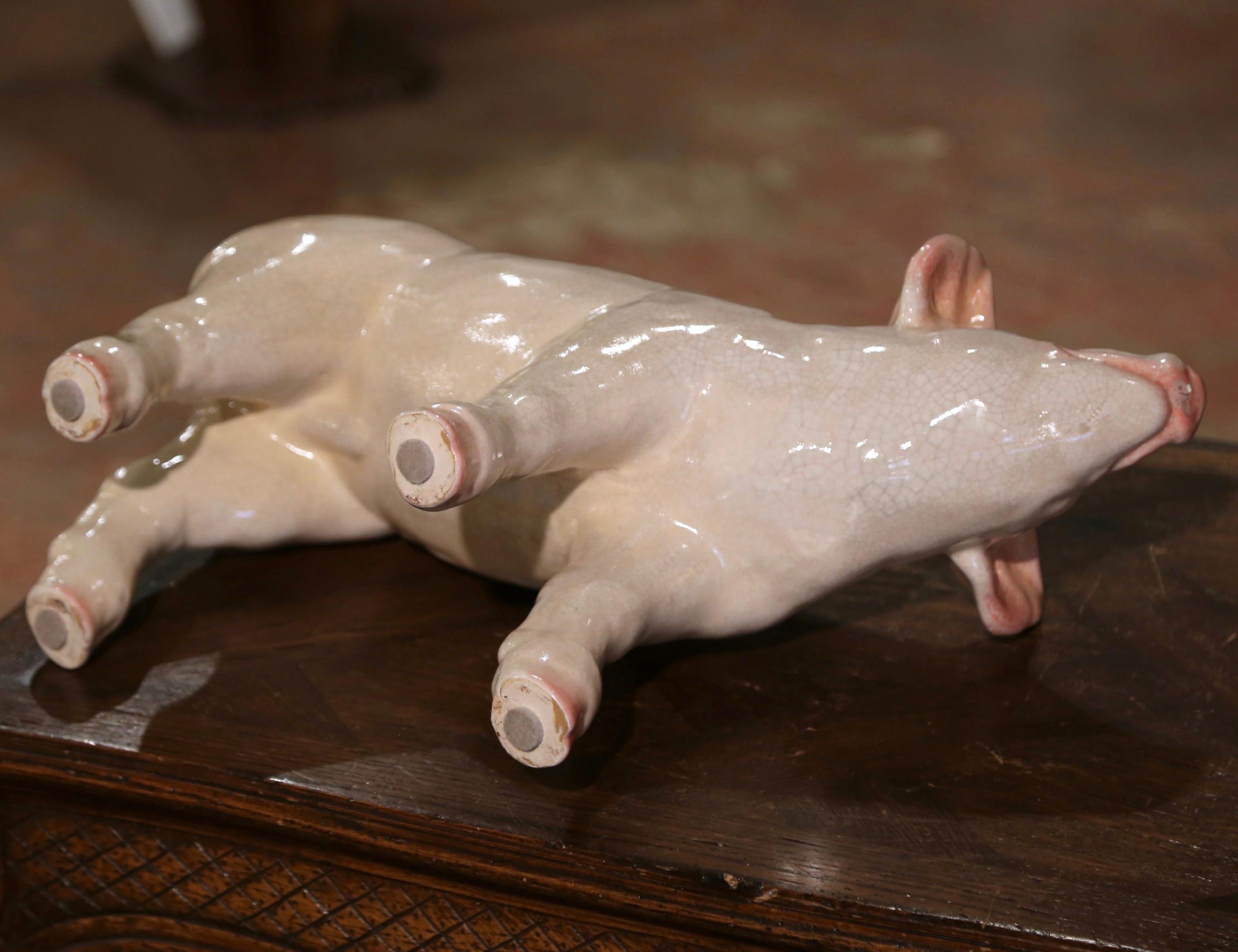 Late 20th Century Crackled Ceramic Pig Sculpture Attributed to Townsend 5
