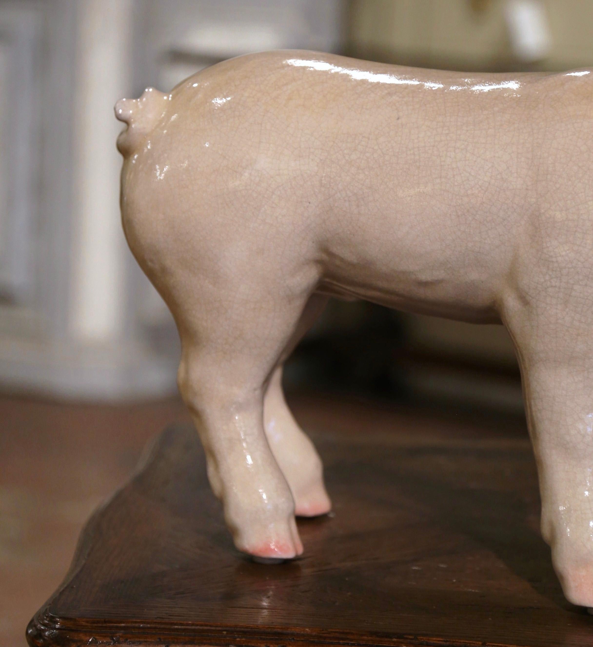 American Late 20th Century Crackled Ceramic Pig Sculpture Attributed to Townsend