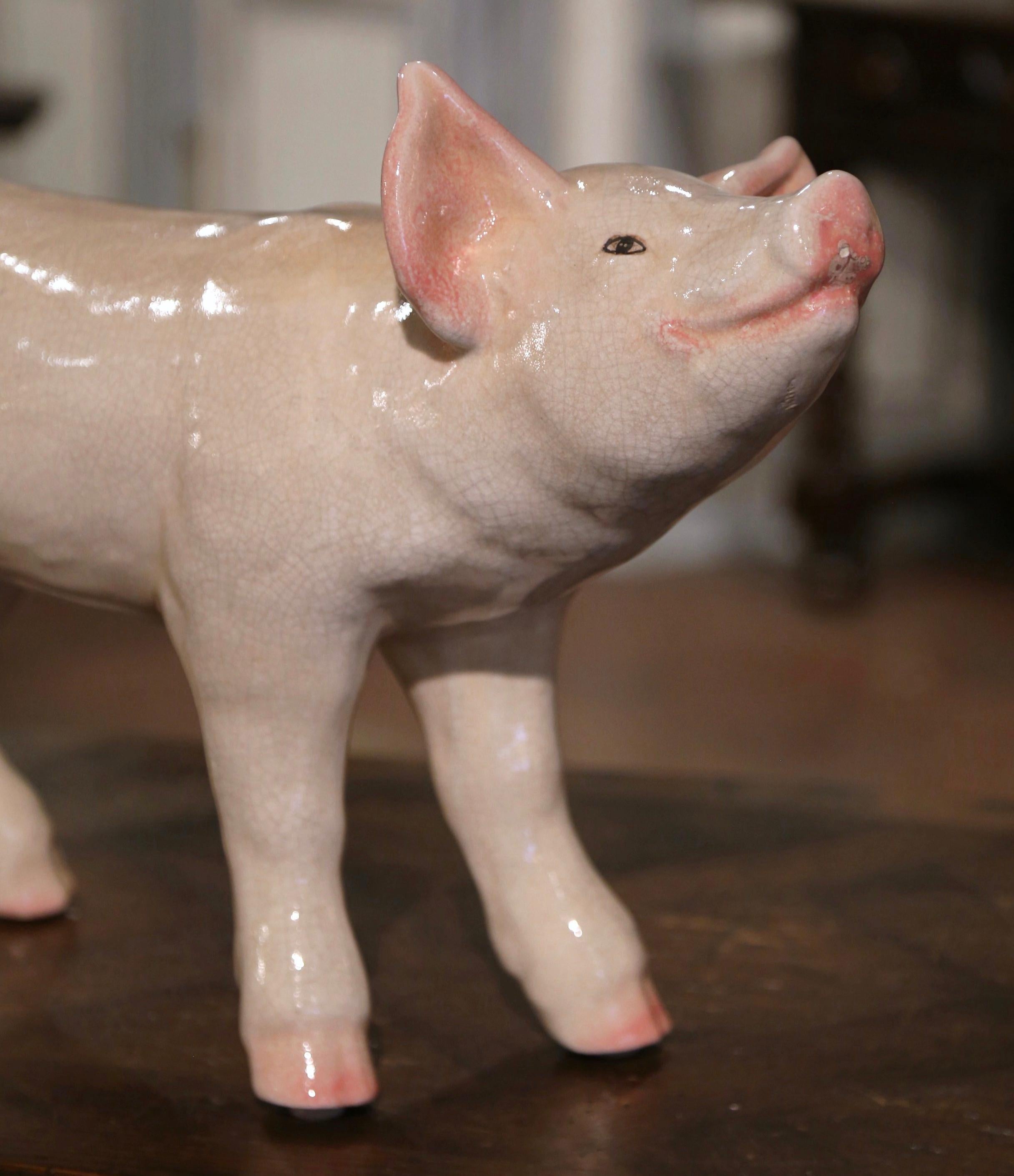 Hand-Painted Late 20th Century Crackled Ceramic Pig Sculpture Attributed to Townsend
