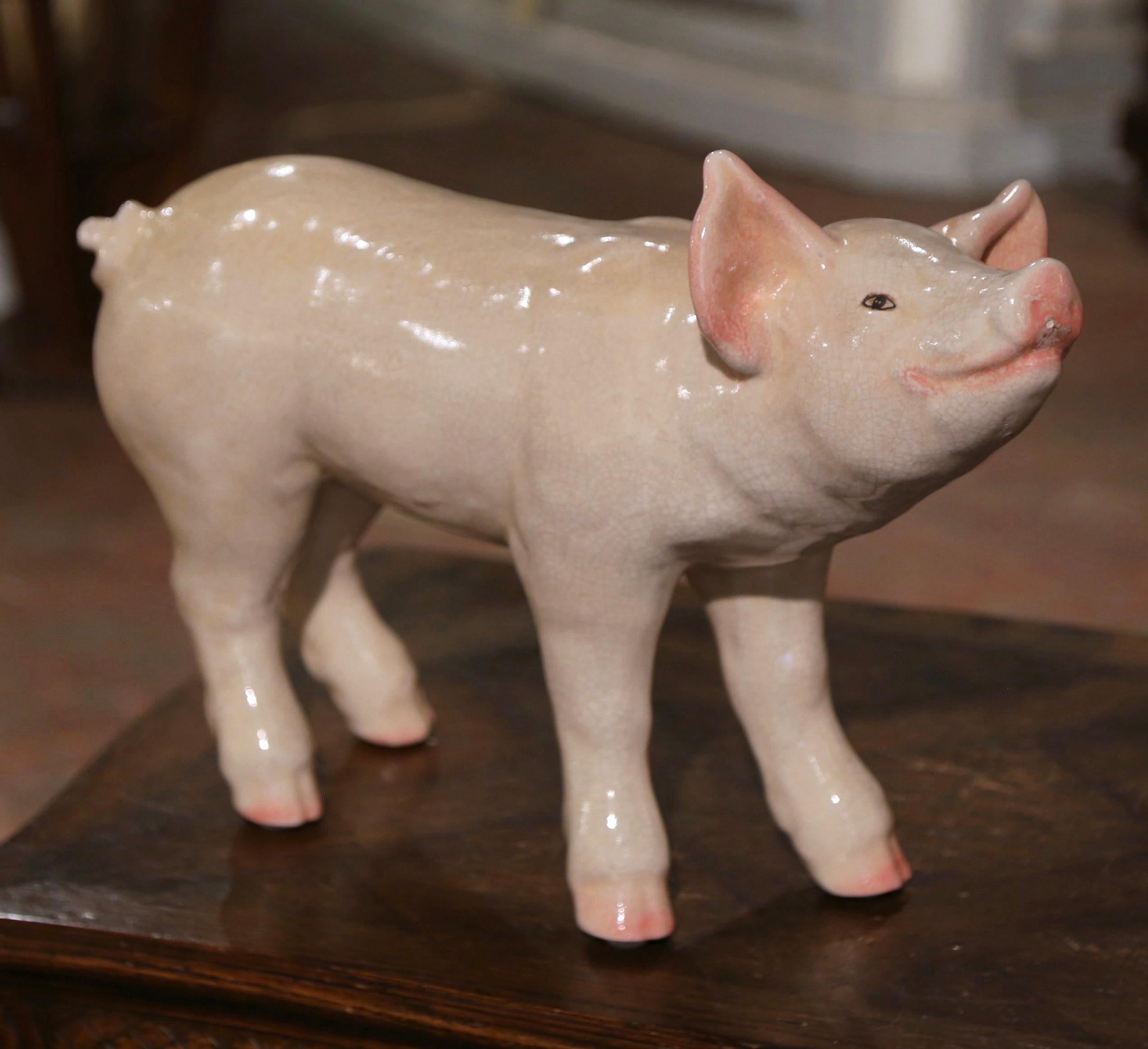 Late 20th Century Crackled Ceramic Pig Sculpture Attributed to Townsend In Excellent Condition In Dallas, TX