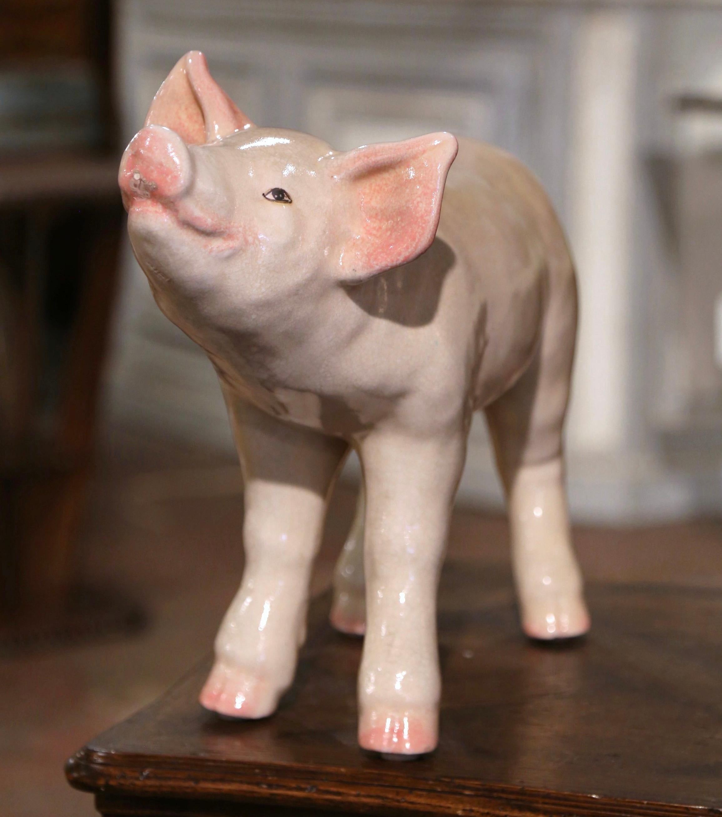 Late 20th Century Crackled Ceramic Pig Sculpture Attributed to Townsend 1