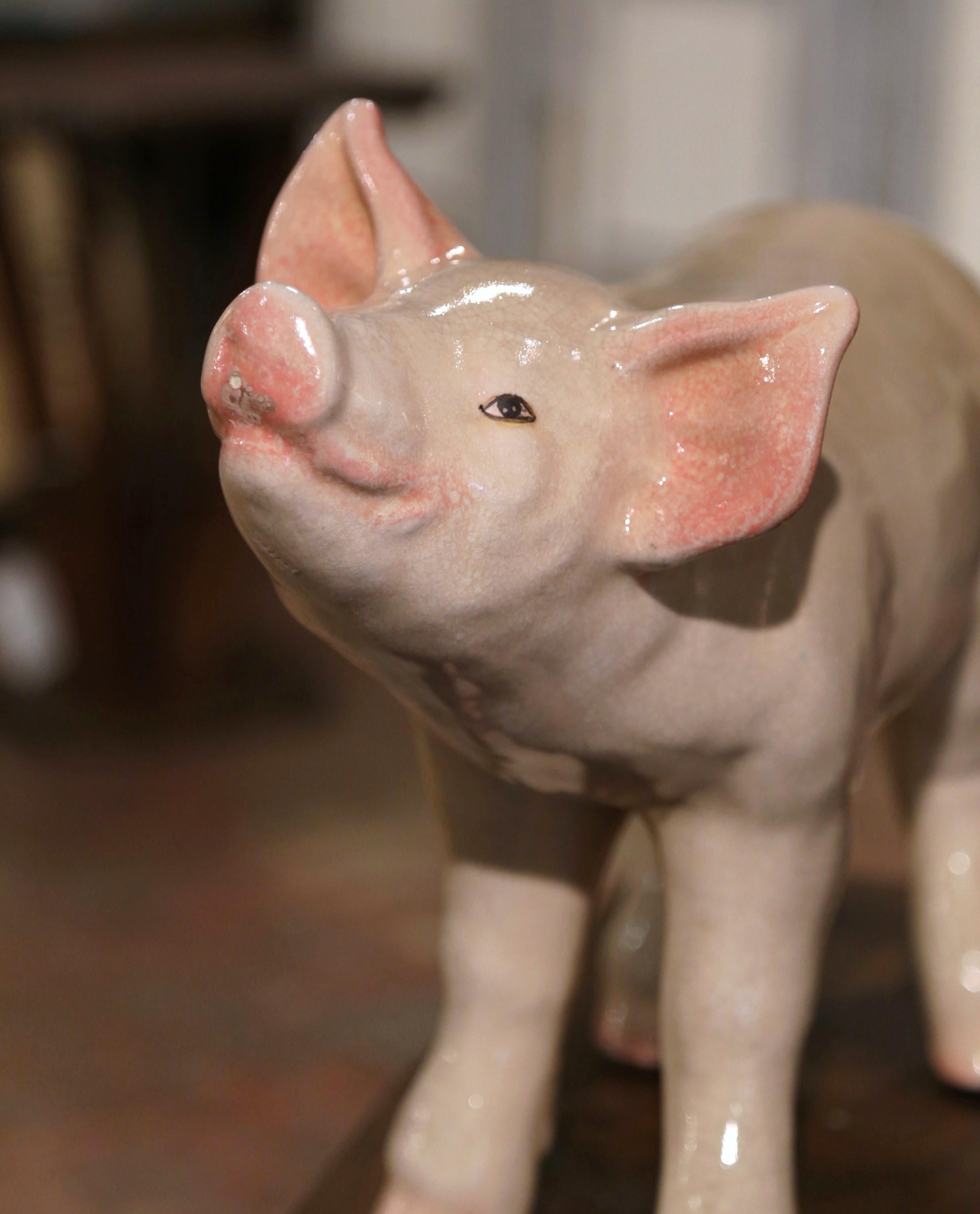 Late 20th Century Crackled Ceramic Pig Sculpture Attributed to Townsend 2