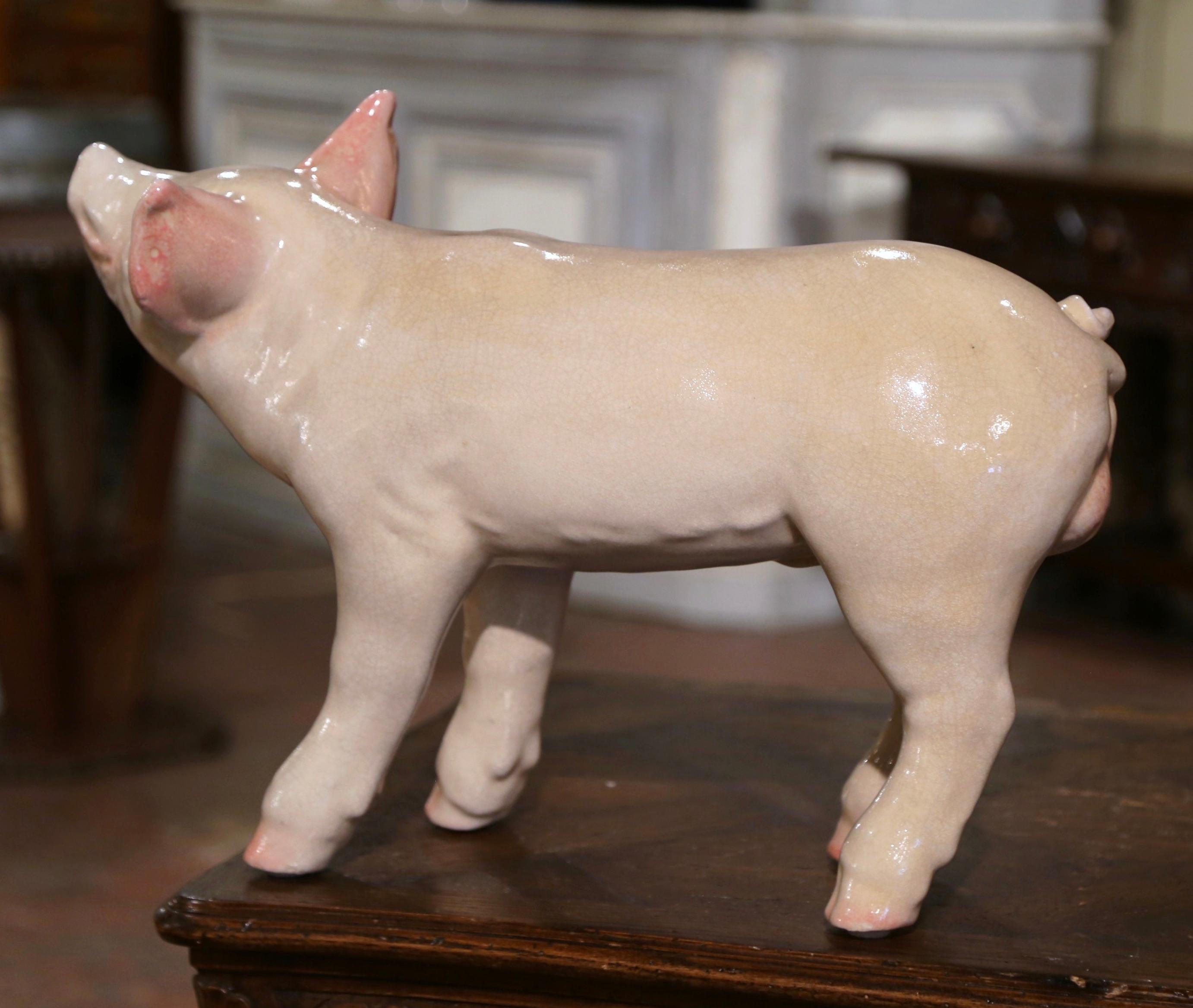 Late 20th Century Crackled Ceramic Pig Sculpture Attributed to Townsend 3