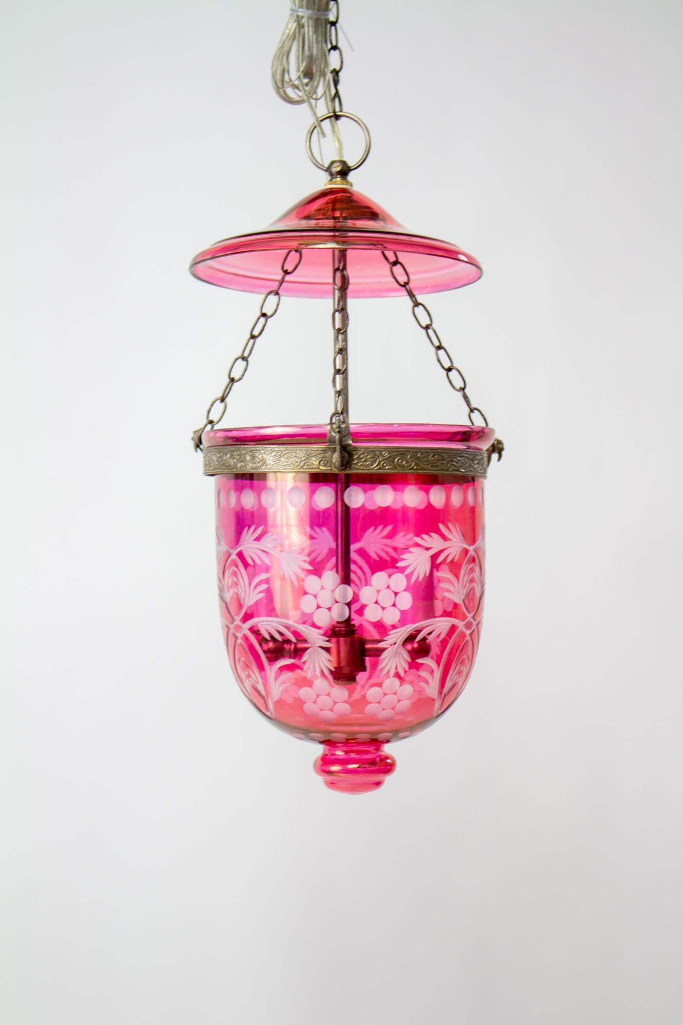 Anglo-Indian Late 20th Century Cranberry Bell Jar Lantern