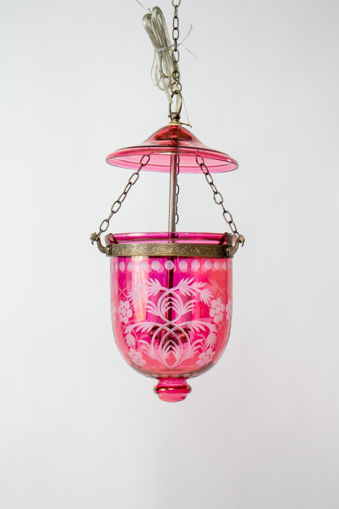 Late 20th Century Cranberry Bell Jar Lantern In Excellent Condition In Canton, MA