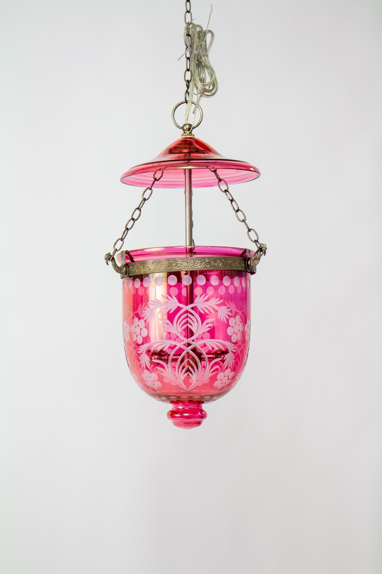 Metal Late 20th Century Cranberry Bell Jar Lantern