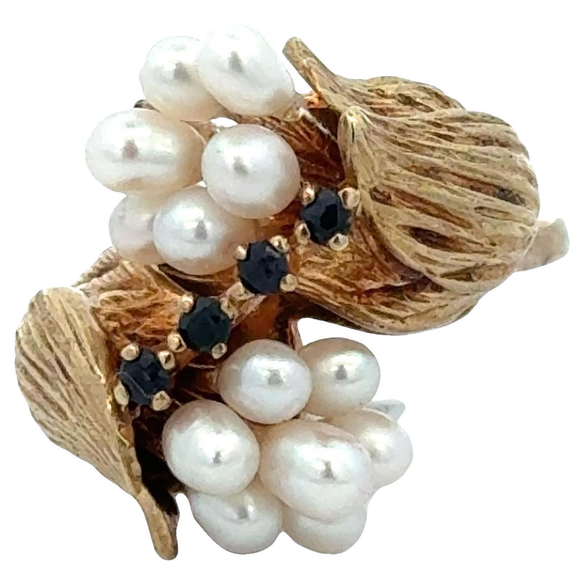 Late-20th Century Cultured Pearl Sapphire 14K Yellow Gold Vintage Tulip Ring For Sale