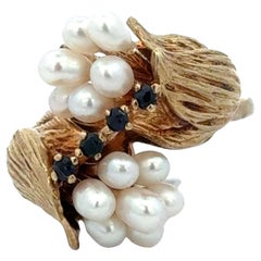 Late-20th Century Cultured Pearl Sapphire 14K Yellow Gold Vintage Tulip Ring