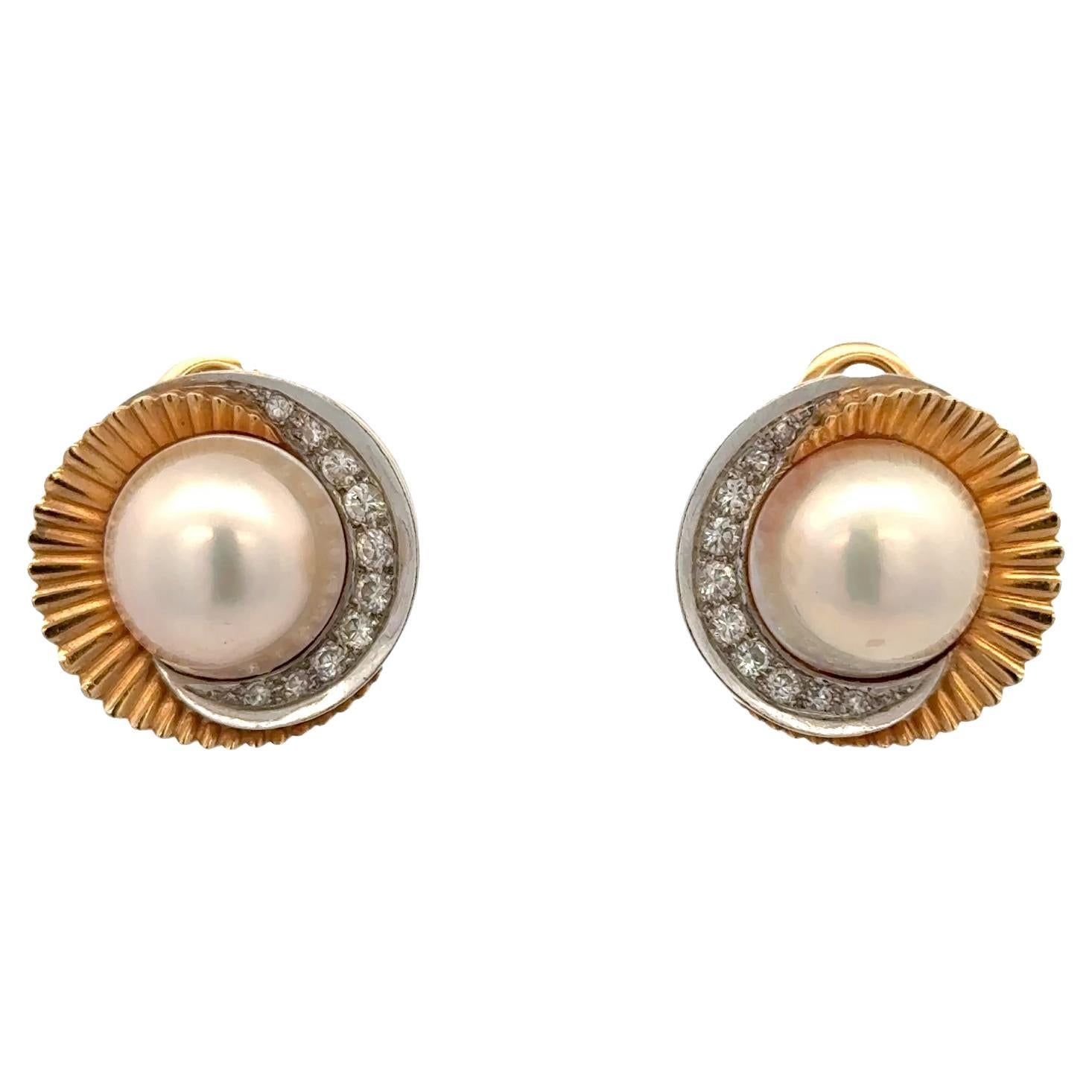 Late 20th Century Diamond & Mabe Pearl 18 Karat Gold Swirl Leverback Earrings