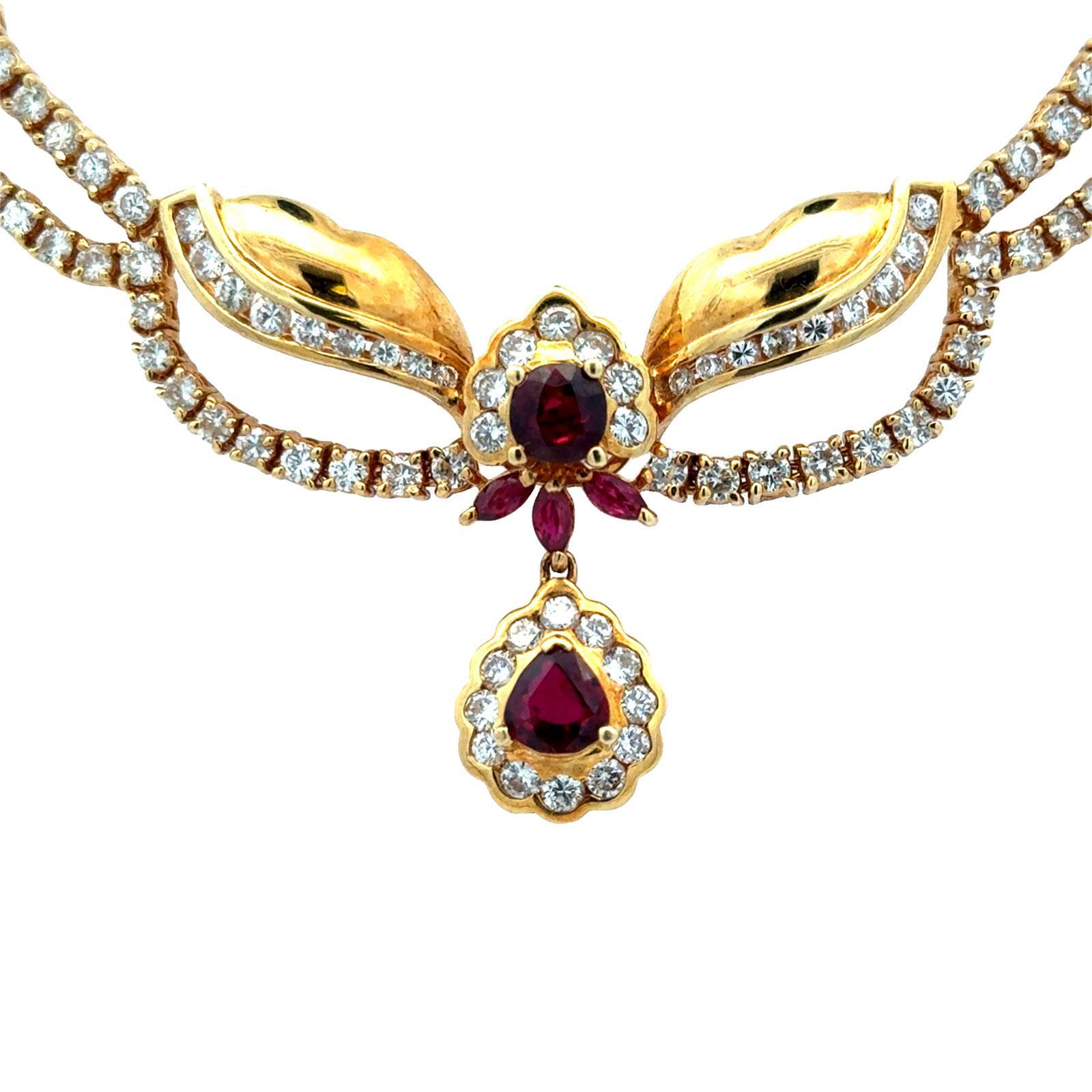 Diamant-Rubin-Halskette aus 18 Karat Gelbgold mit Tropfen aus dem späten 20. Jahrhundert (Zeitgenössisch) im Angebot