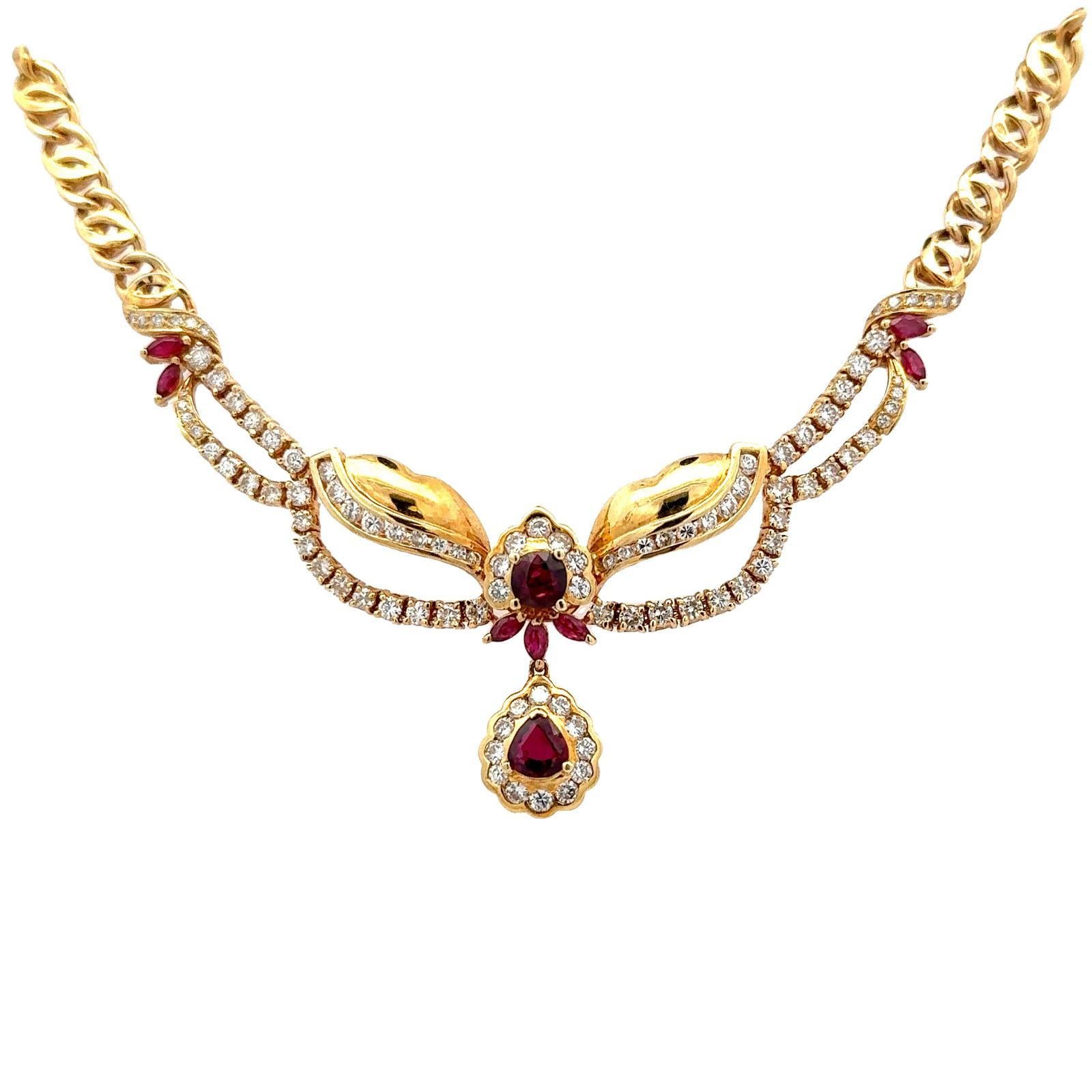 Diamant-Rubin-Halskette aus 18 Karat Gelbgold mit Tropfen aus dem späten 20. Jahrhundert im Zustand „Hervorragend“ im Angebot in Boca Raton, FL