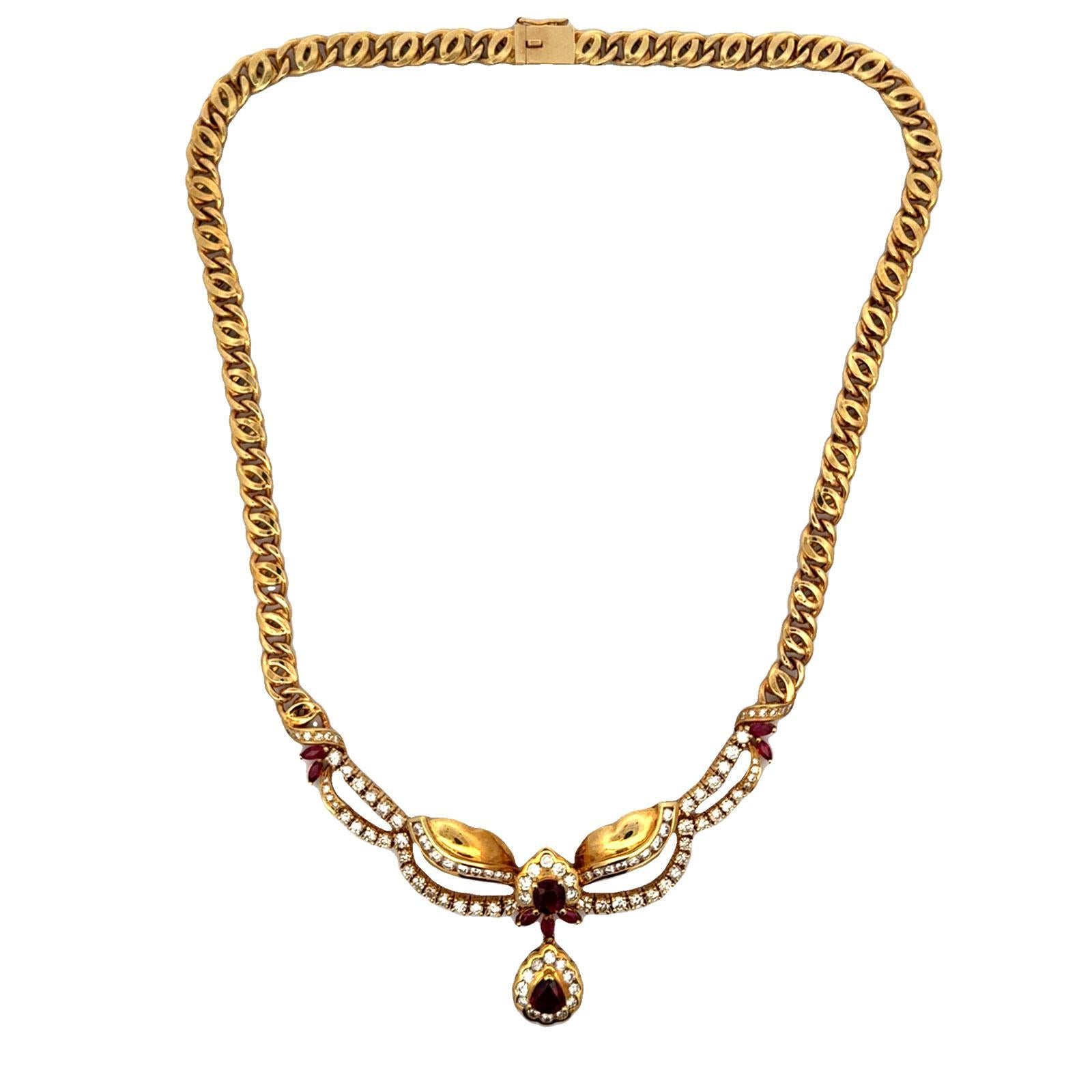 Diamant-Rubin-Halskette aus 18 Karat Gelbgold mit Tropfen aus dem späten 20. Jahrhundert Damen im Angebot