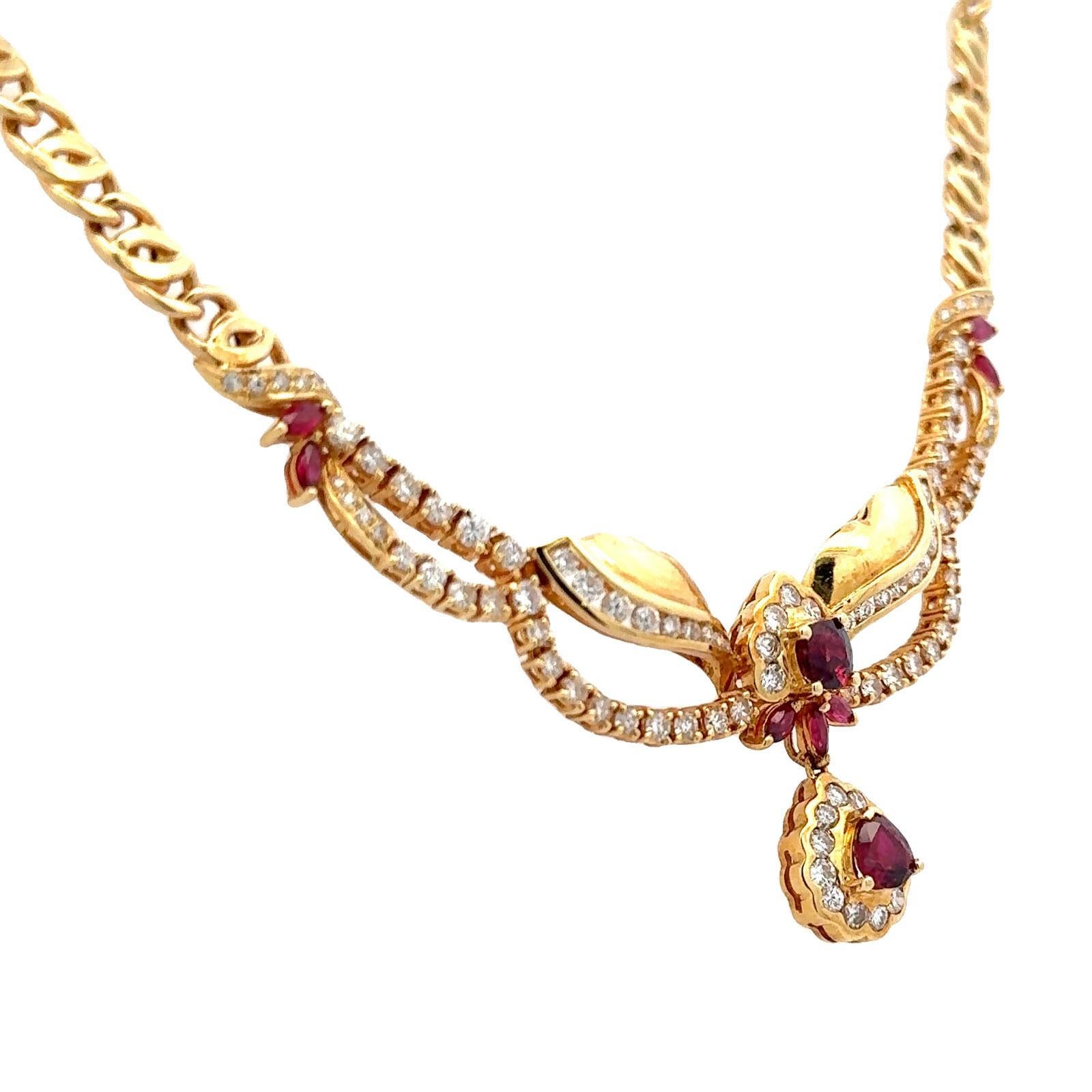 Diamant-Rubin-Halskette aus 18 Karat Gelbgold mit Tropfen aus dem späten 20. Jahrhundert im Angebot 1
