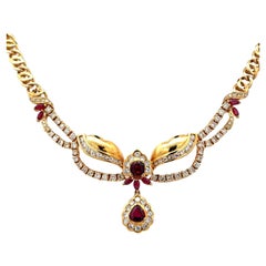 Late 20th Century Diamond Ruby 18 Karat Yellow Gold Drop Necklace
