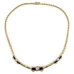 Late 20th Century Diamond Sapphire 18K Yellow Gold Bow Station Link Necklace
