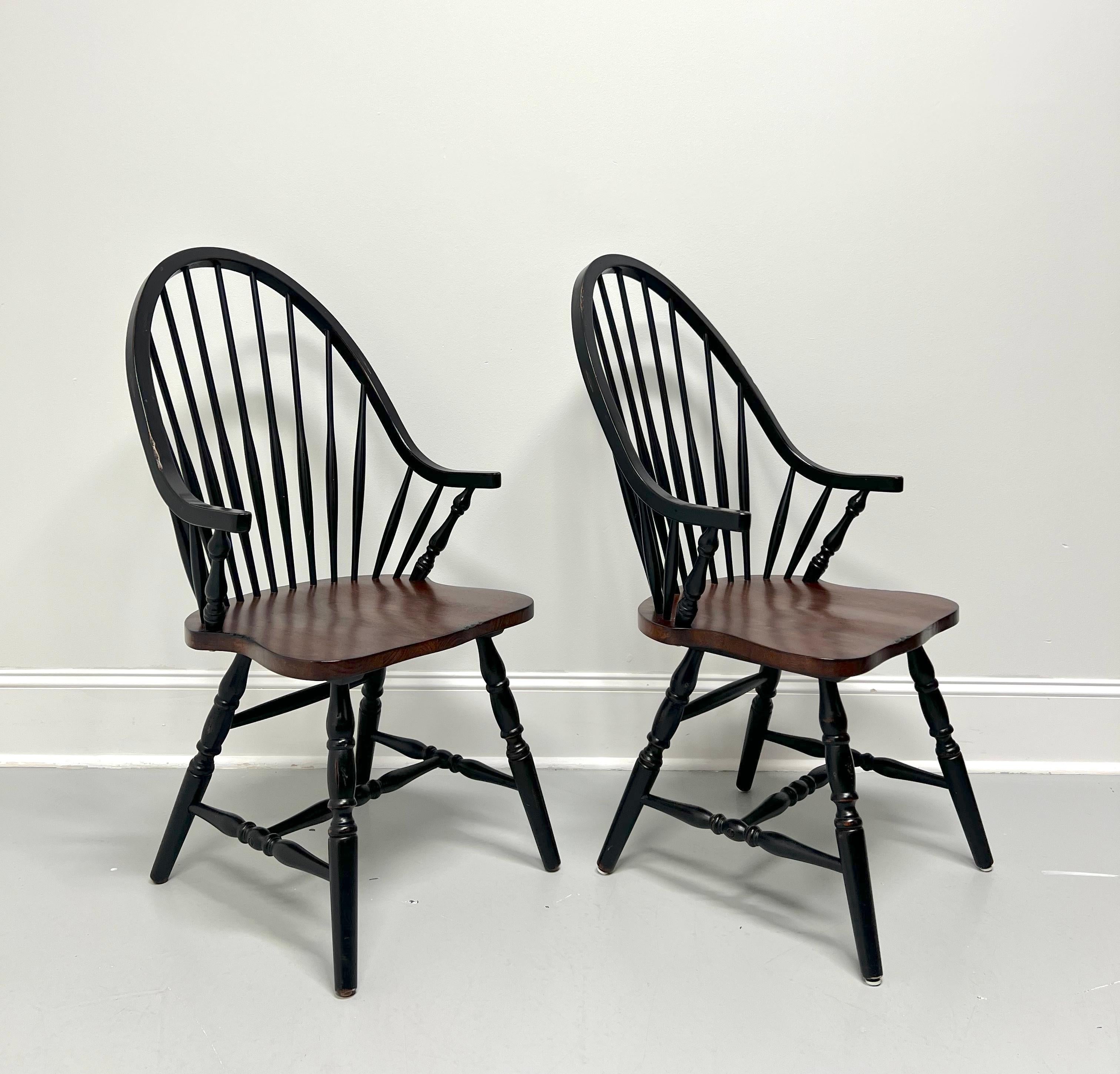 American Colonial Late 20th Century Distressed Black Windsor Armchairs - Pair For Sale