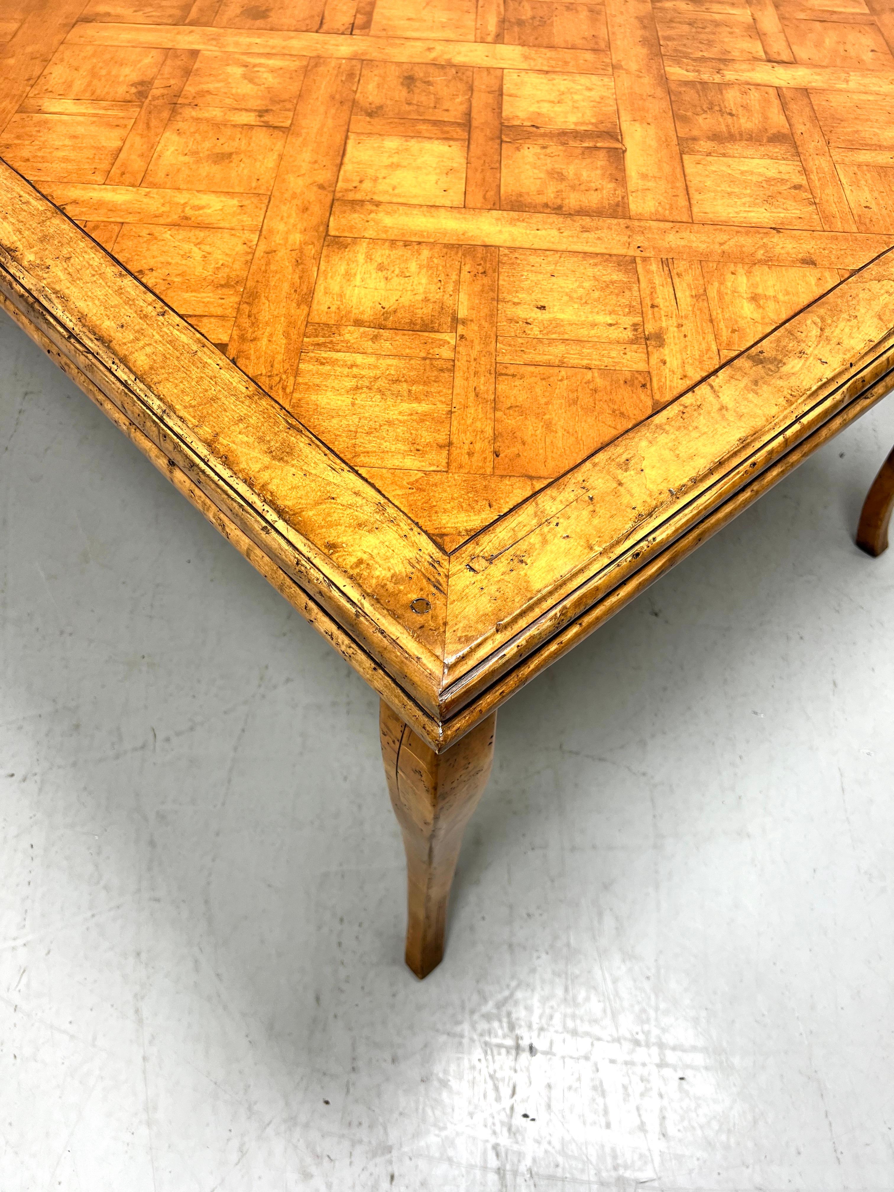 Late 20th Century Distressed Wood French Country Parquetry Drawtop Dining Table For Sale 2
