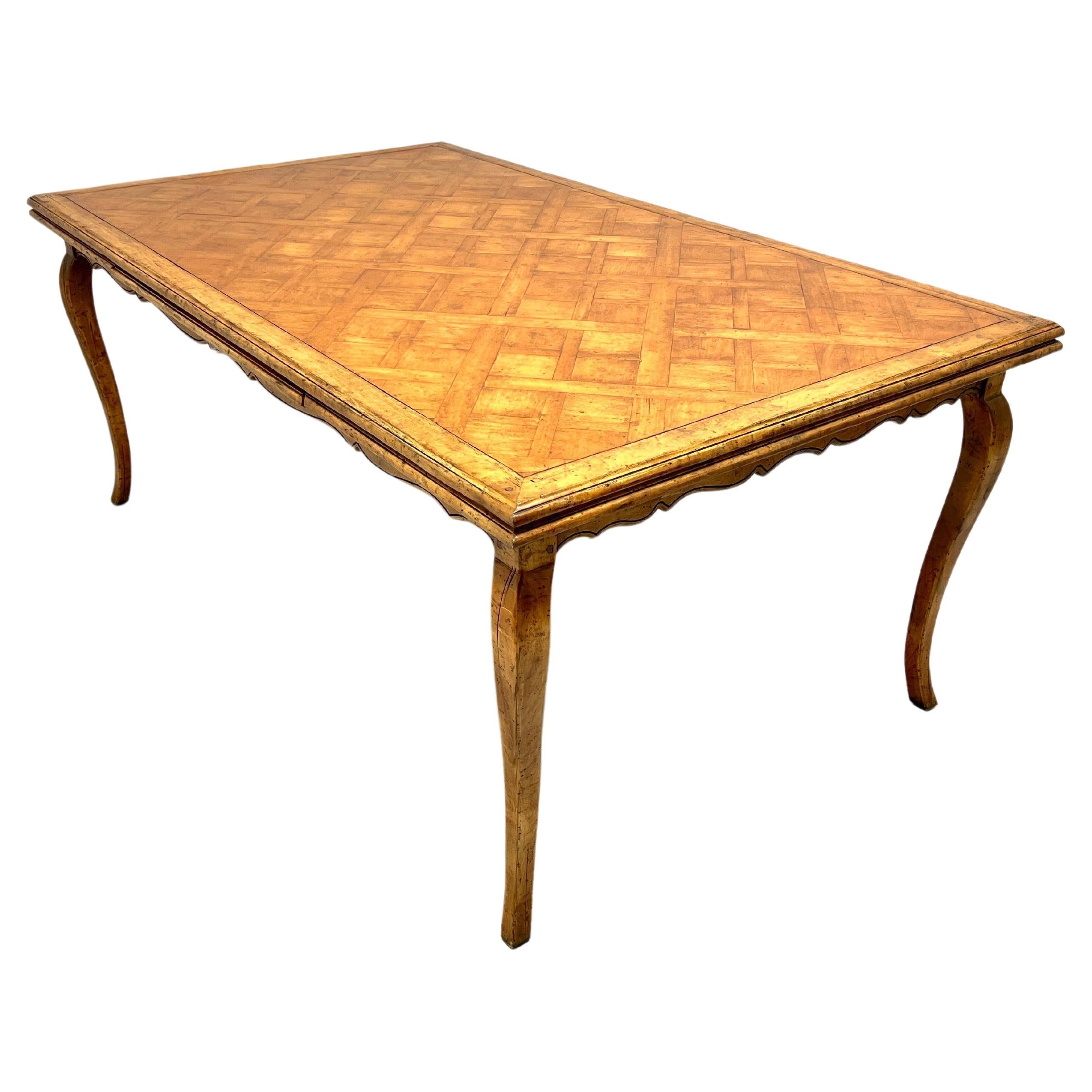 Late 20th Century Distressed Wood French Country Parquetry Drawtop Dining Table For Sale