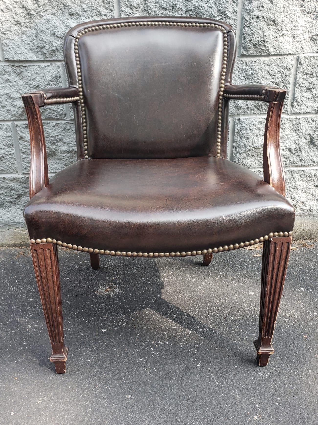 American Late 20th Century Drexel Mahogany and Leather Office Chair with Nailhaed Trims For Sale
