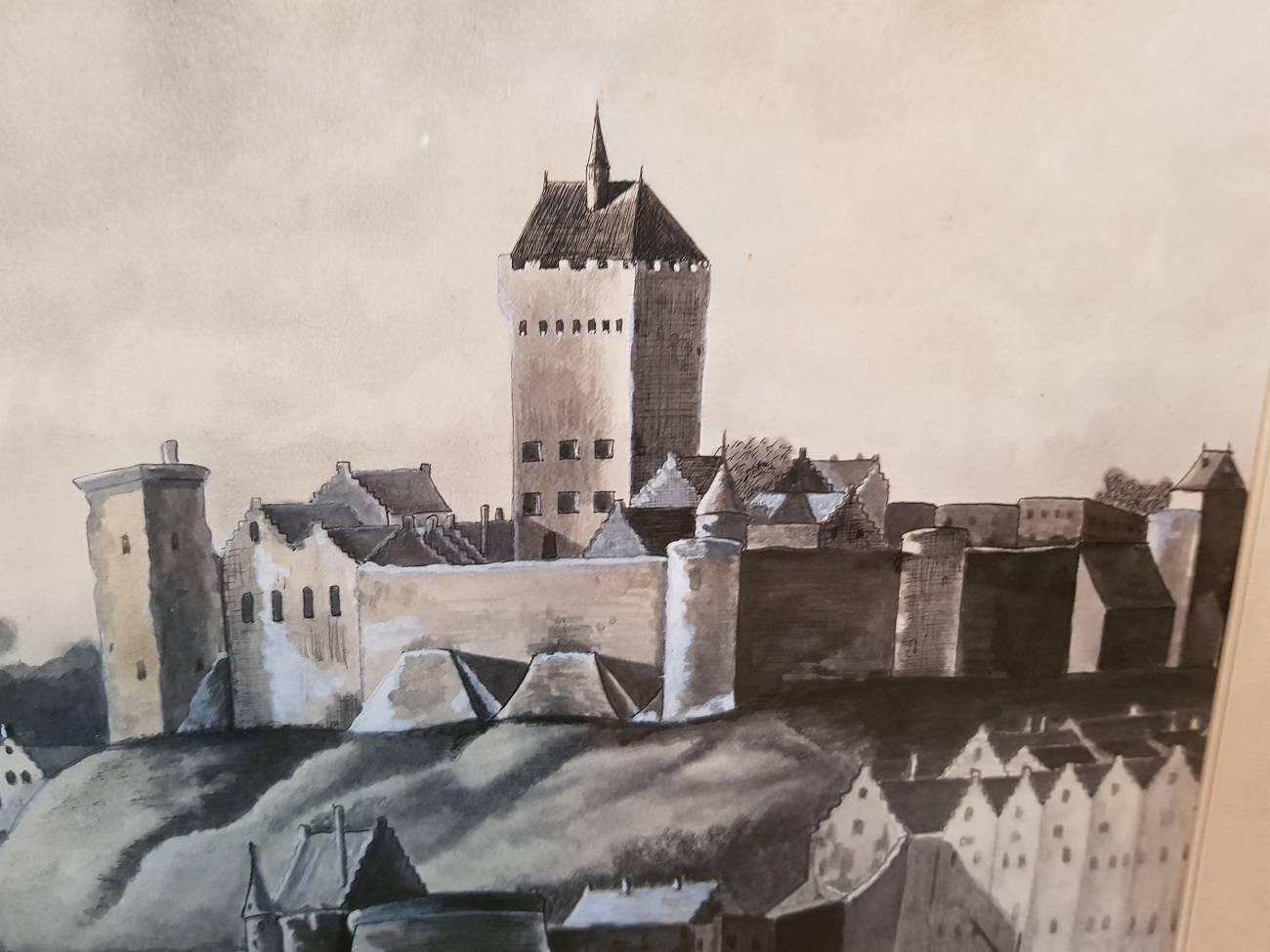 Hand-Painted Late 20th Century Dutch Charcoal Drawing of Nijmegen Skyline, 17th Century For Sale