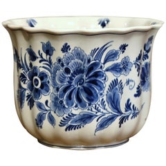 Late 20th Century Dutch Hand-Painted Faience Delft Cache Pot with Floral Decor