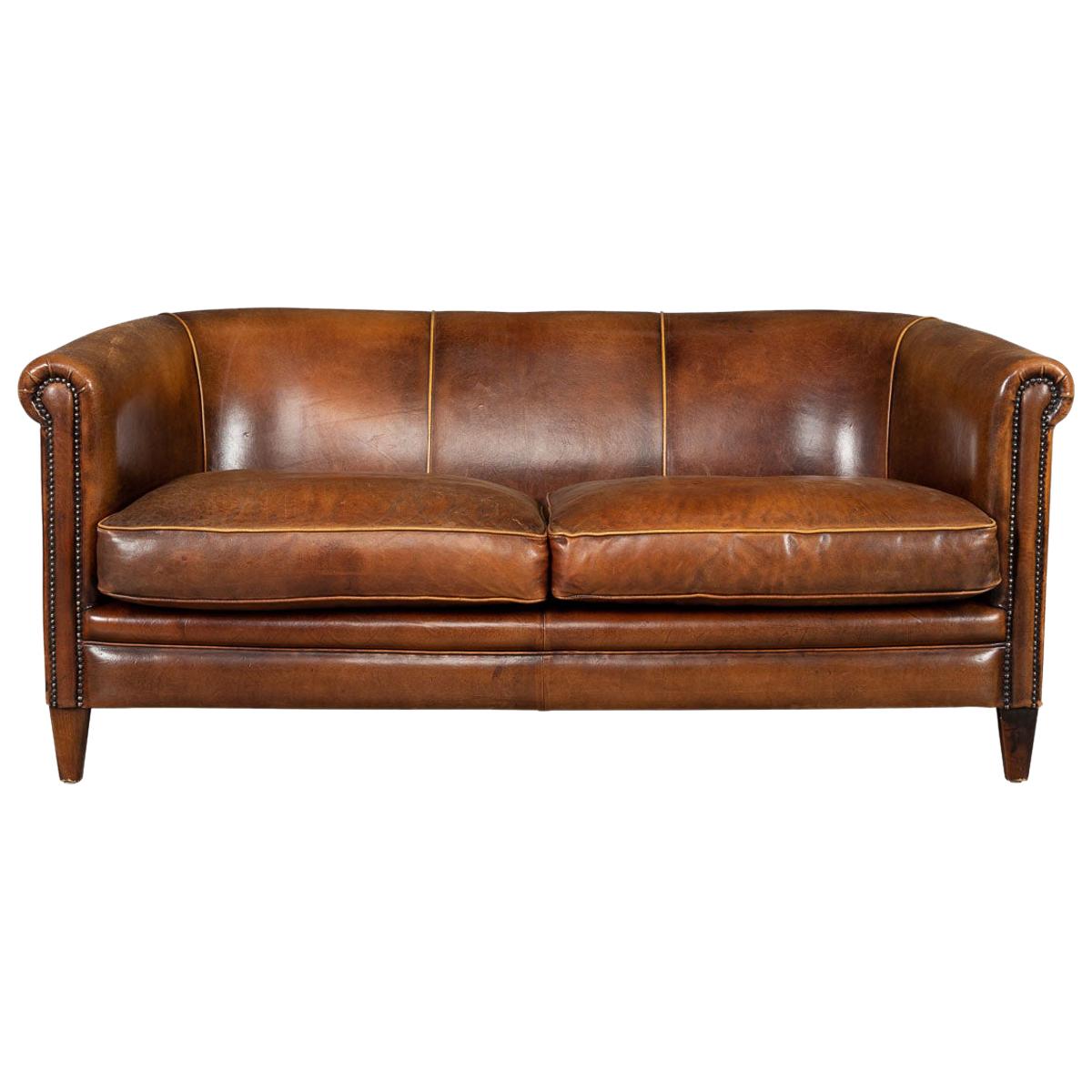 Late 20th Century Dutch Two-Seat Tan Leather Sofa