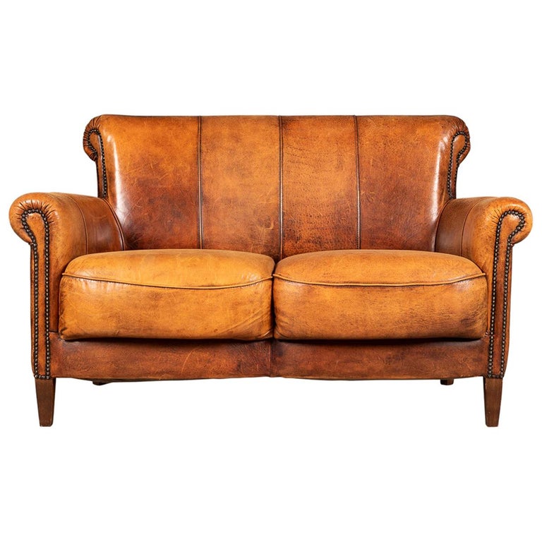 Late 20th Century Dutch Two Seater Tan Sheepskin Leather Sofa at