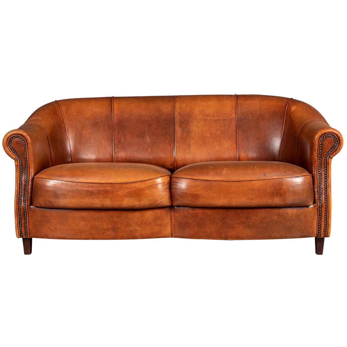 Late 20th Century Dutch Two Seater Tan Sheepskin Leather Sofa at 1stDibs