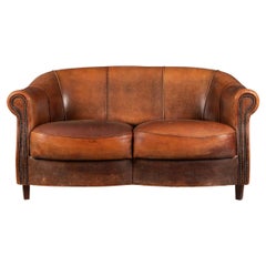 Vintage Late 20th Century Dutch Two Seater Tan Sheepskin Leather Sofa