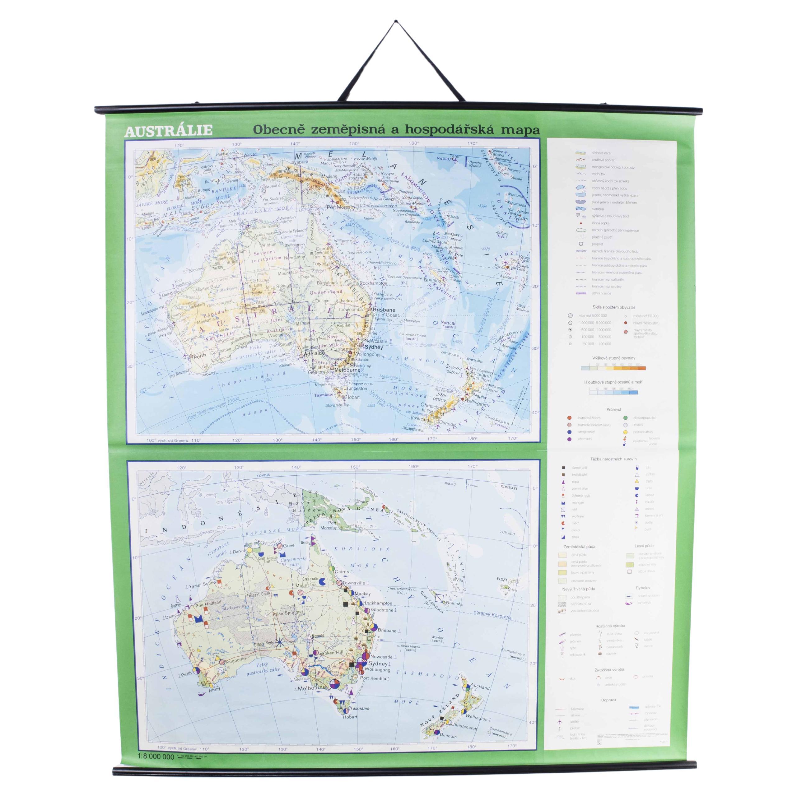 Educational Geographic Map des späten 20. Jahrhunderts – Australien Topographie und Wirtschaft