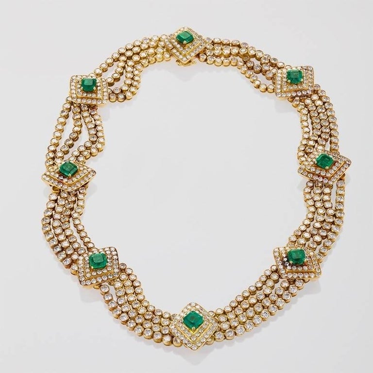 Late 20th Century Emerald Diamond Gold Necklace  In Excellent Condition In New York, NY