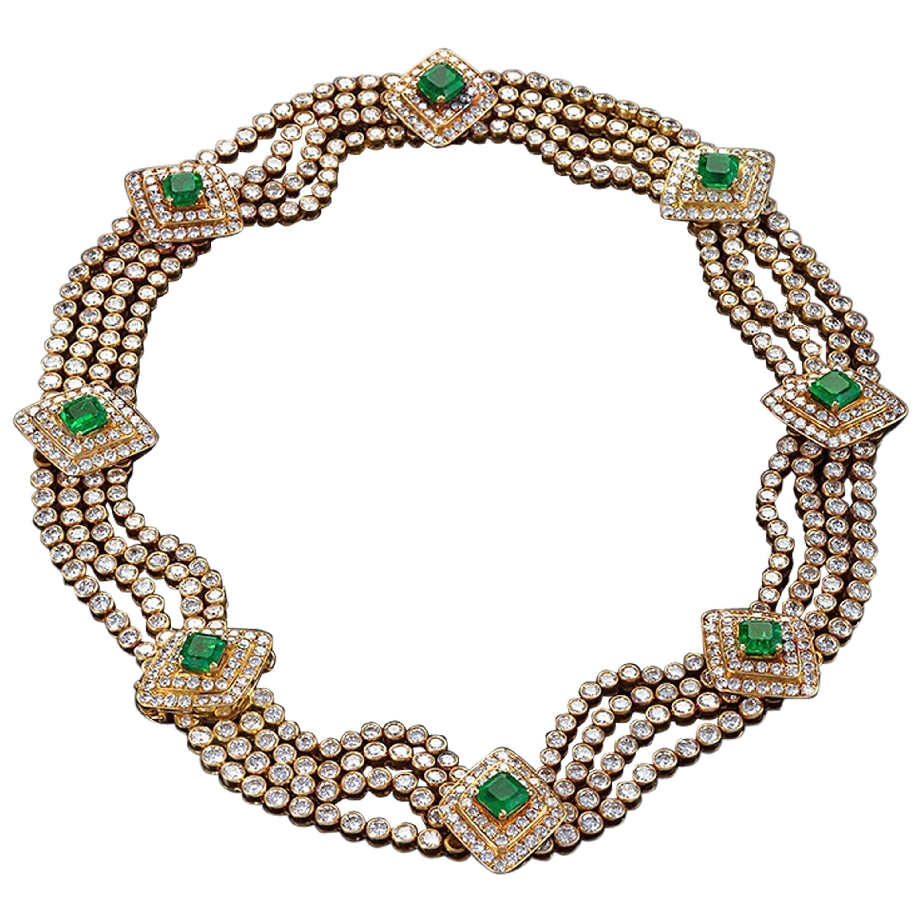 Late 20th Century Emerald Diamond Gold Necklace 