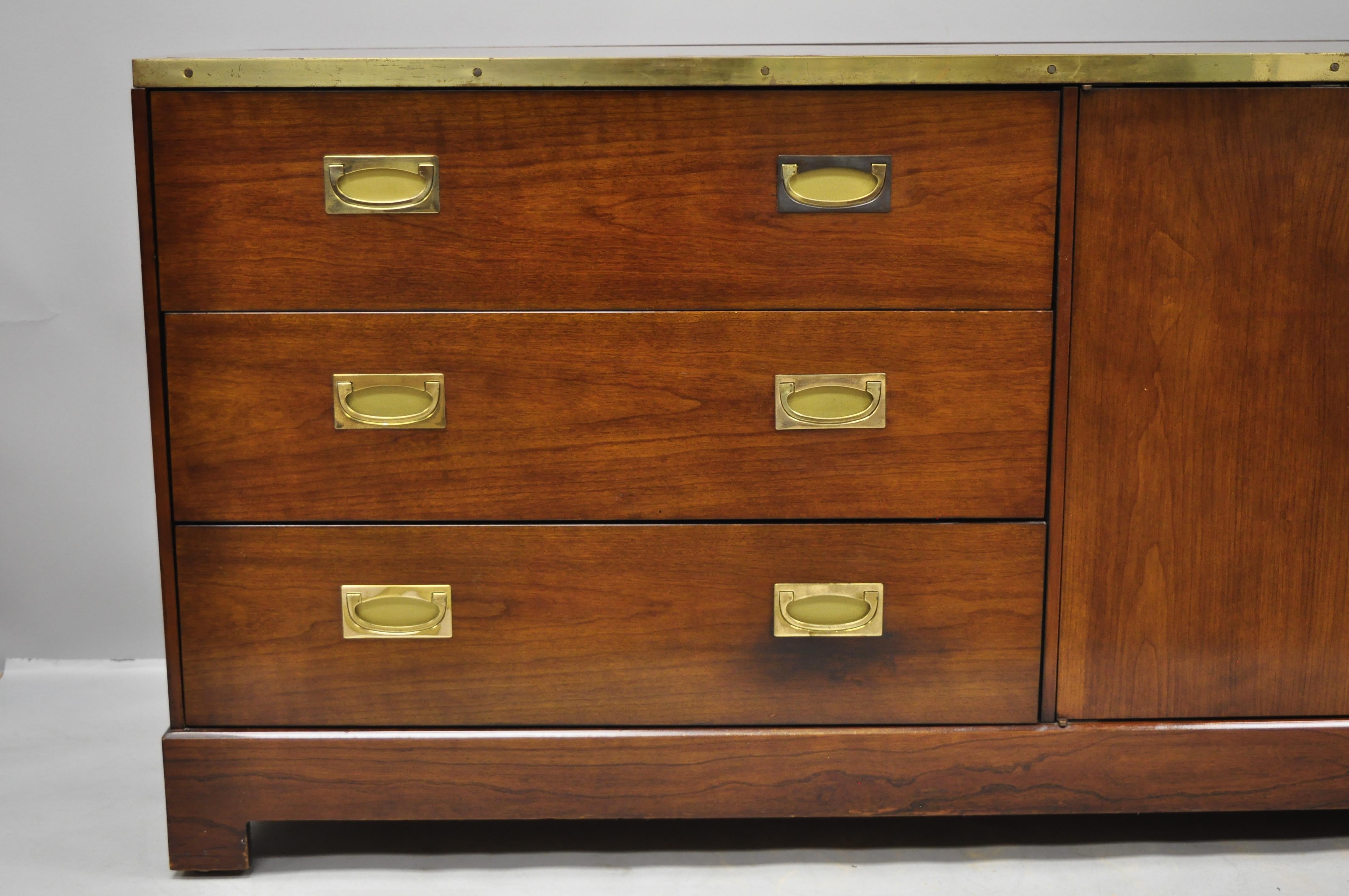 Directional Custom Collection Campaign Style Cherry & Brass Credenza Cabinet In Good Condition In Philadelphia, PA