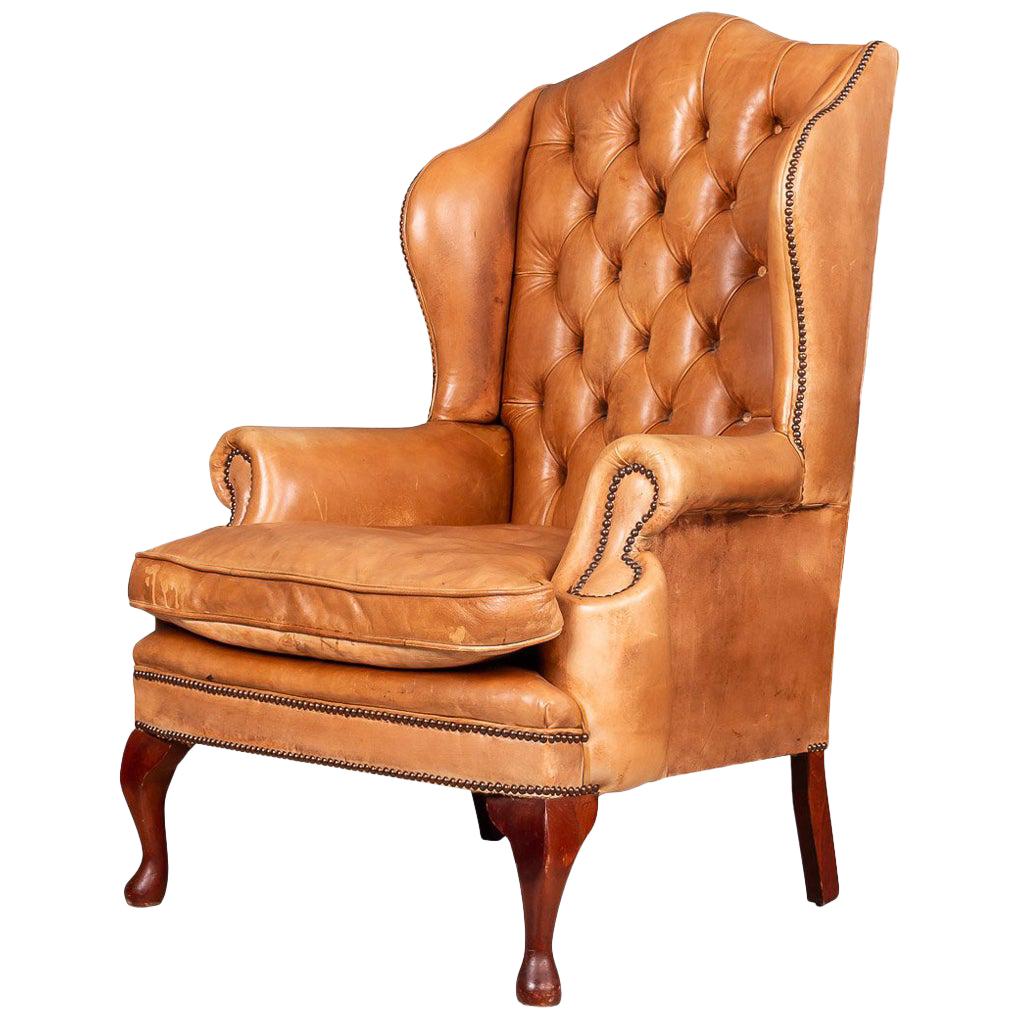 Late 20th Century English Leather Wing Back Chair, circa 1980