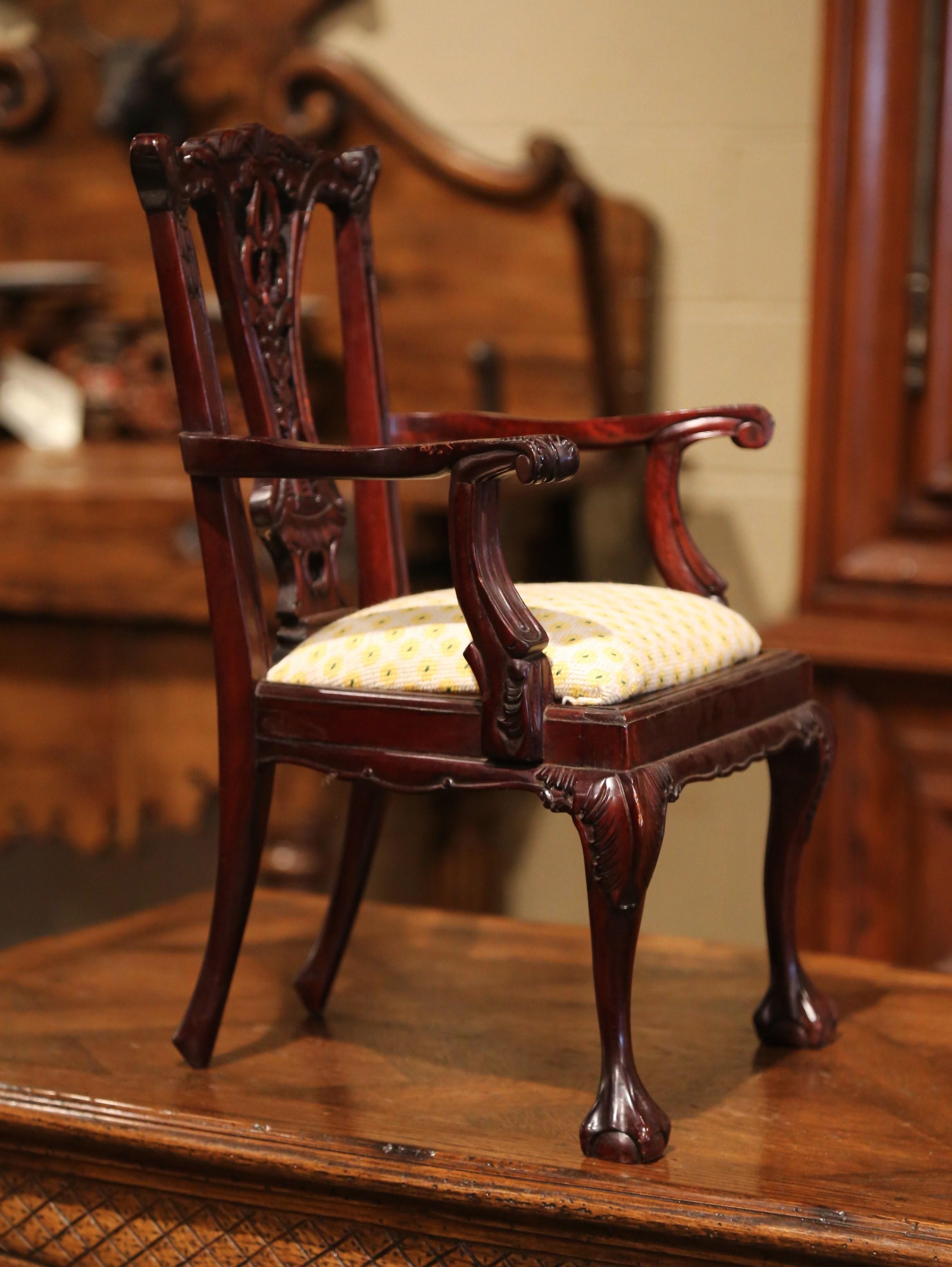 Fabric Late 20th Century English Queen Ann Carved Mahogany Child Armchair For Sale