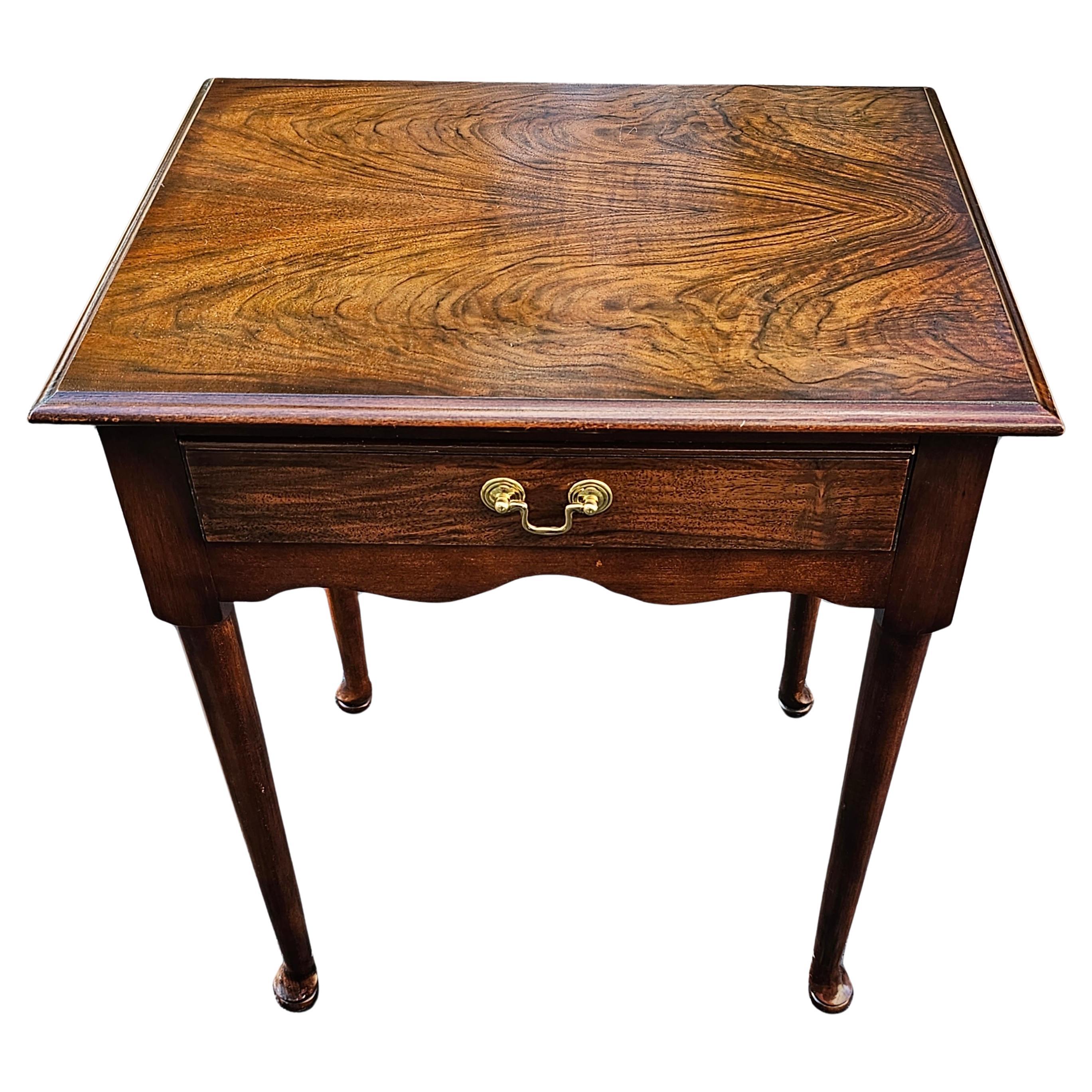 An exquisite Late 20th Century Flame Walnut Queen Anne Single Drawer work or Side Table in great vintage condition. Measures 22