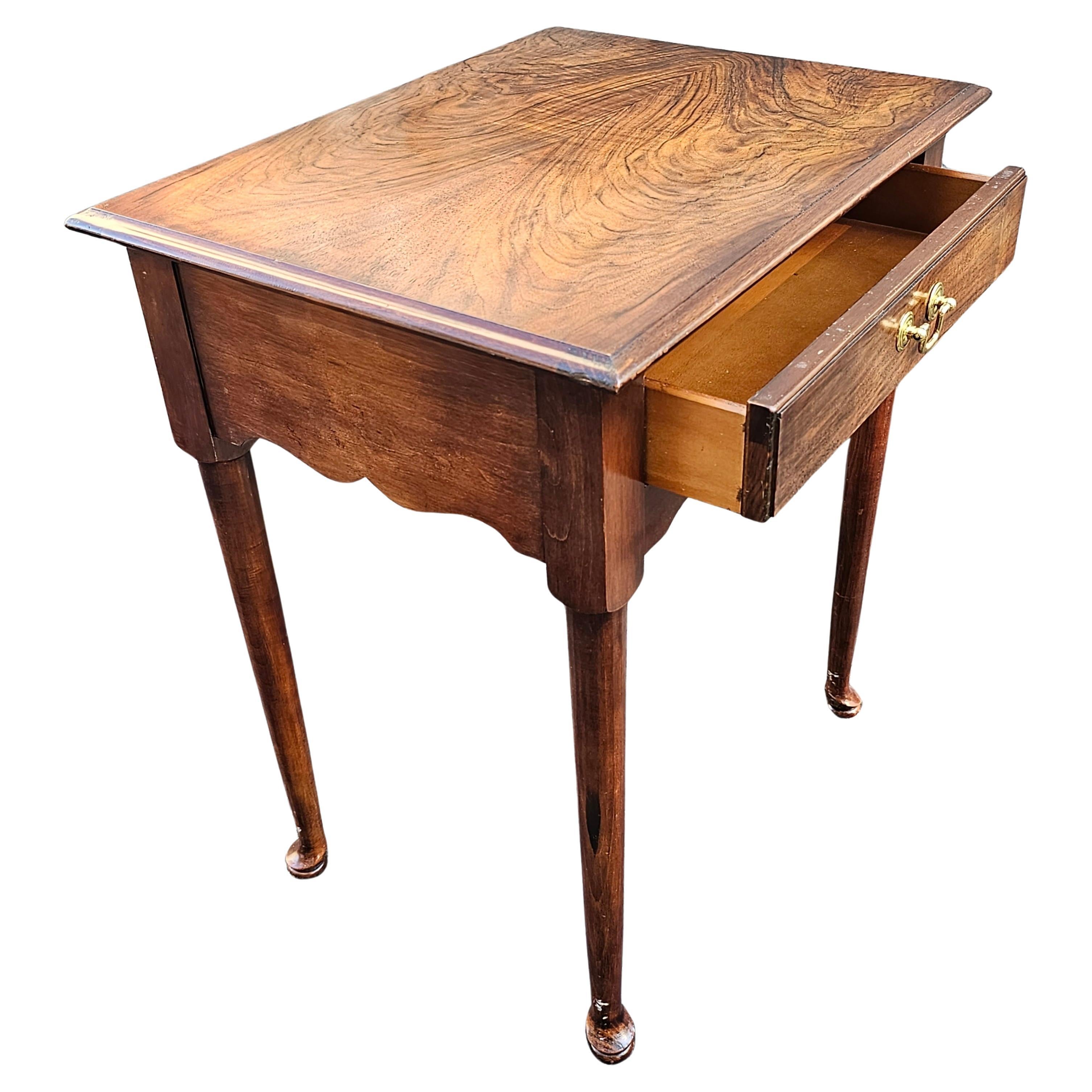 Other Late 20th Century Flame Walnut Queen Anne Single Drawer Side Table For Sale
