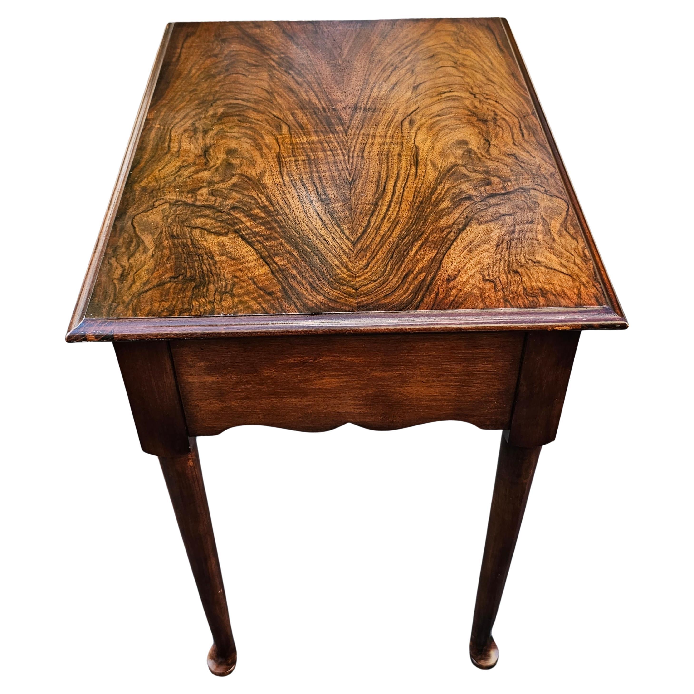 Brass Late 20th Century Flame Walnut Queen Anne Single Drawer Side Table For Sale