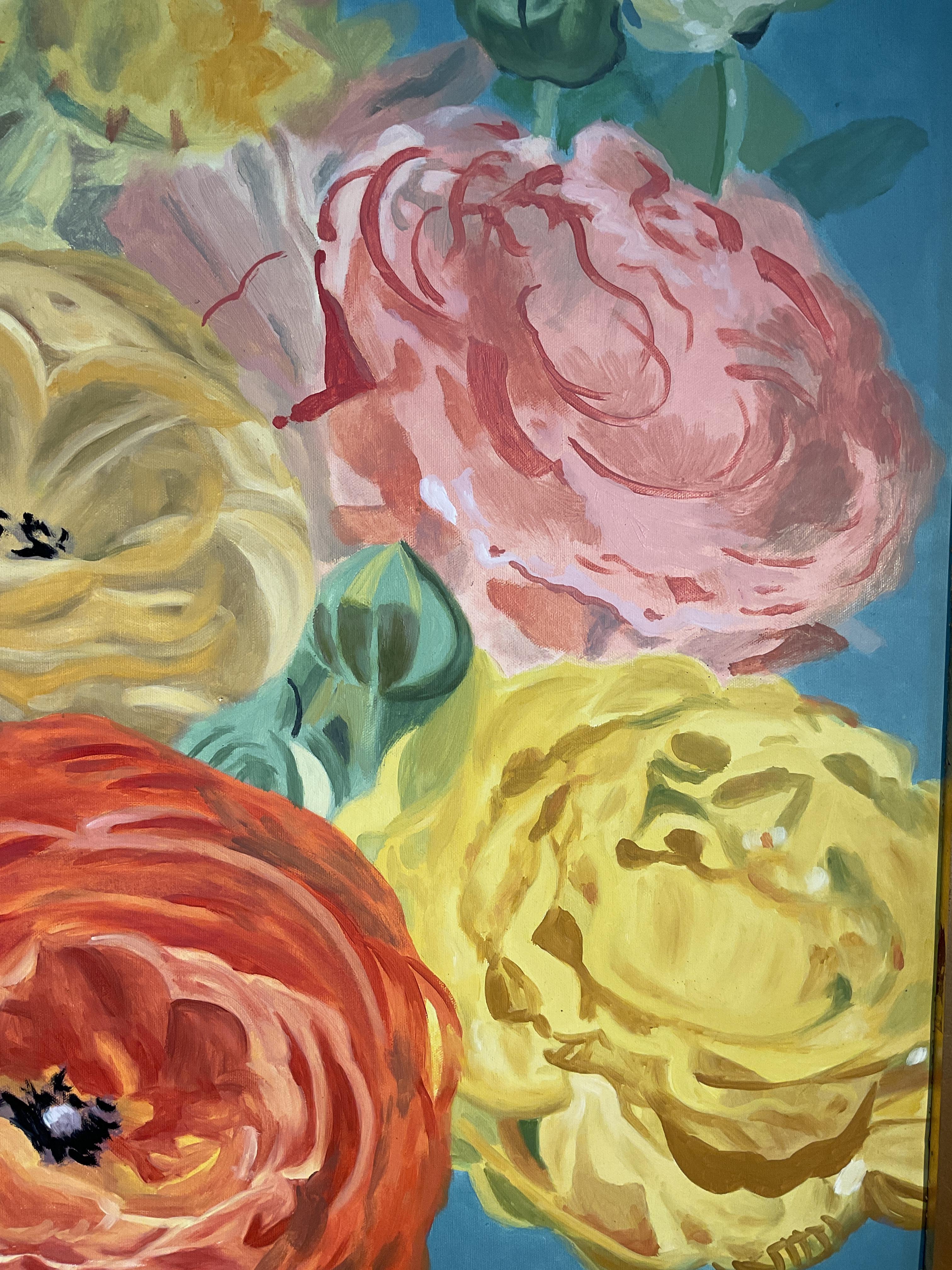 Painting of flowers in glass vase
Made in the late 20th century 
Beautiful coloration 
Gold leaf square frame

This painting would add a burst of color and sunshine to any room.