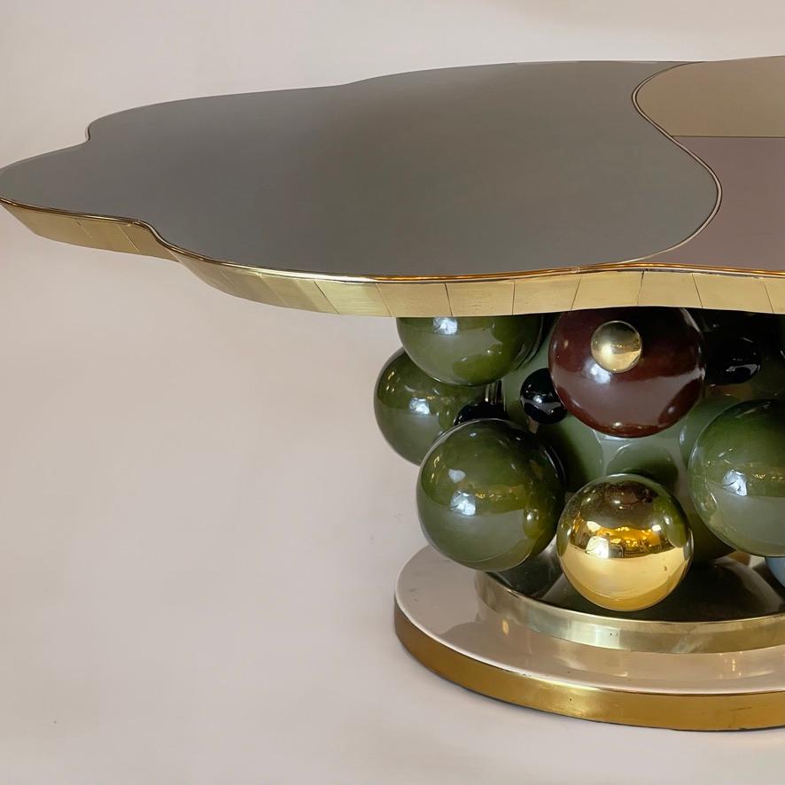 Brass Late 20th Century Flower Shape w/ Opaline Glass & Ceramic Balls Coffee Table For Sale