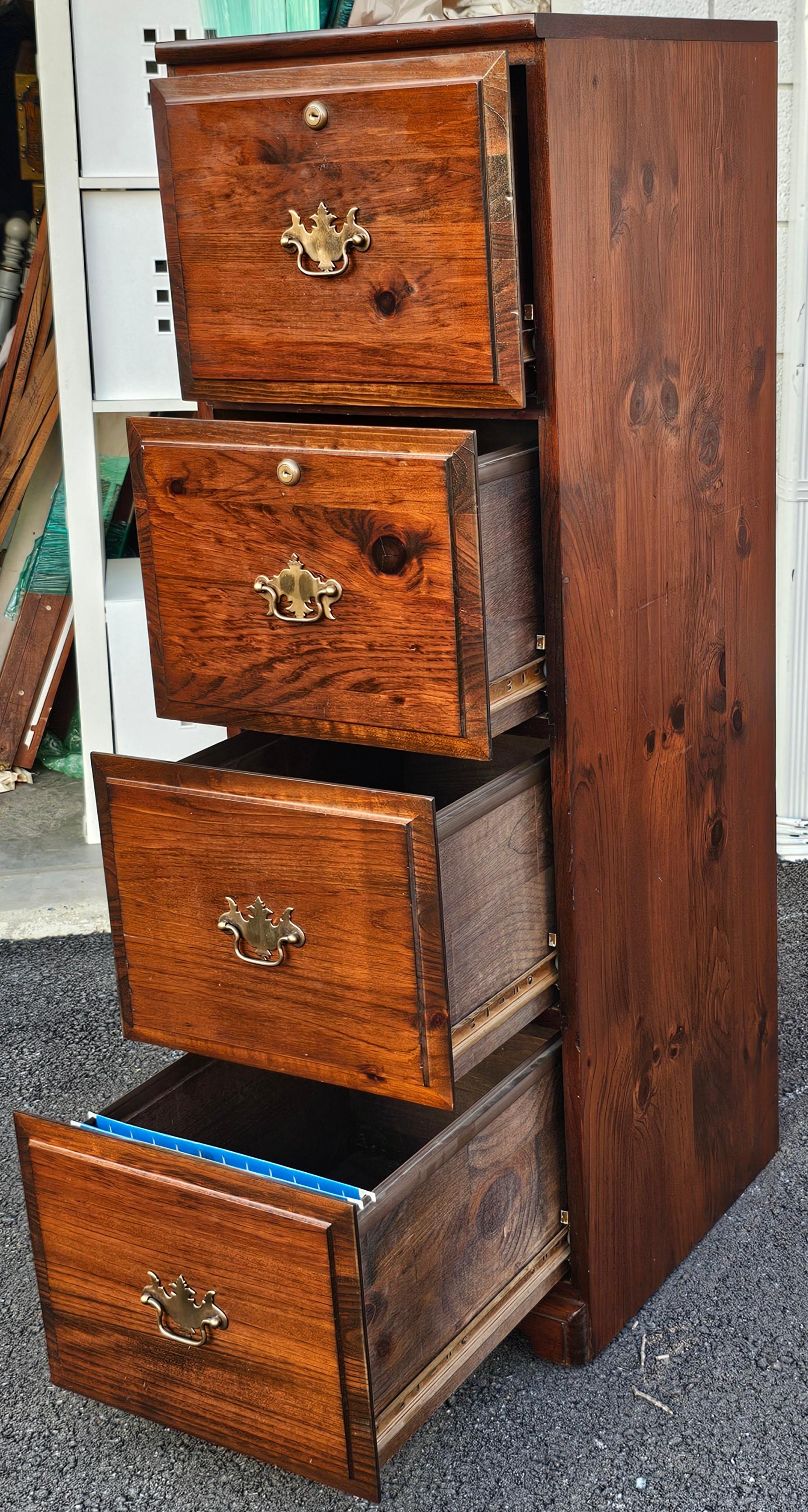 Stained Late 20th Century Four-Drawer Solid Pine Filing Cabinet with Locks and Keys For Sale