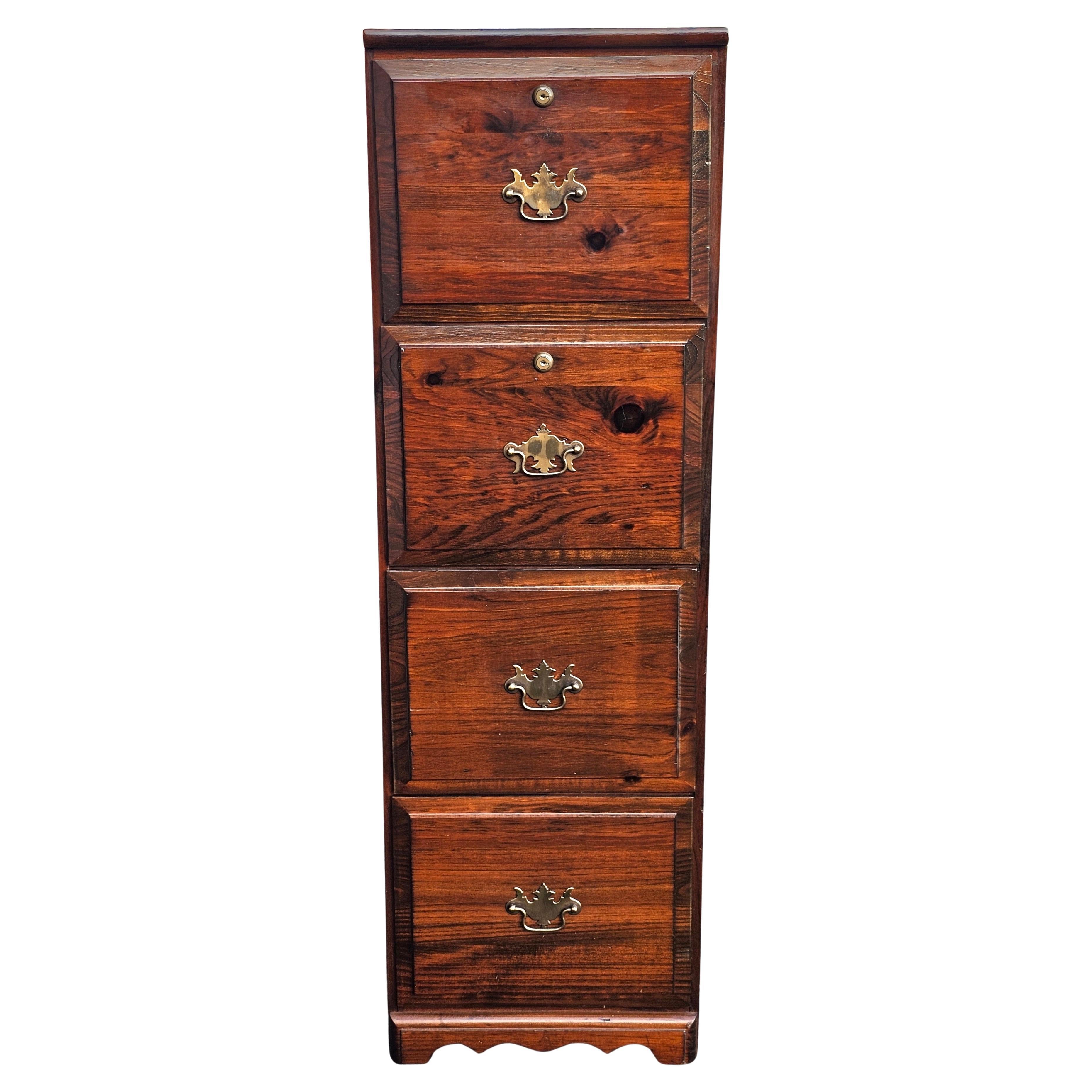 Late 20th Century Four-Drawer Solid Pine Filing Cabinet with Locks and Keys For Sale