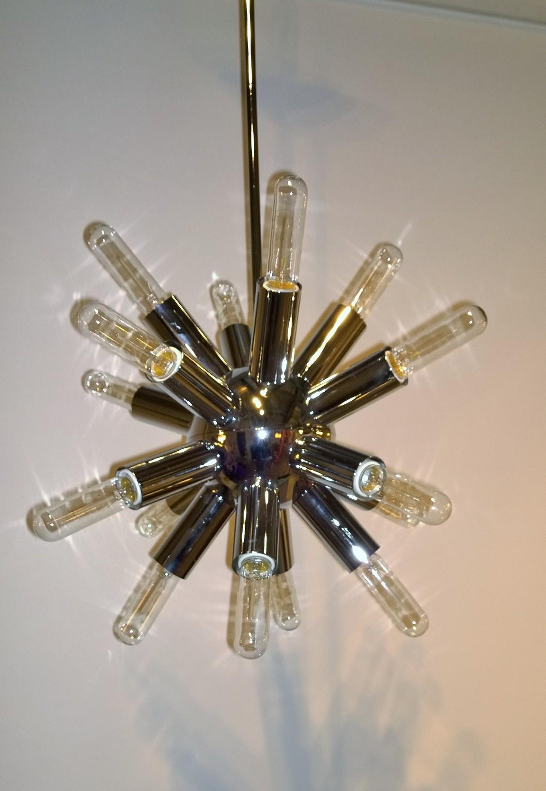 14-Arm / Socket Lightolier Chrome Sputnik with Tubular Bulbs Chandelier In Good Condition In Houston, TX