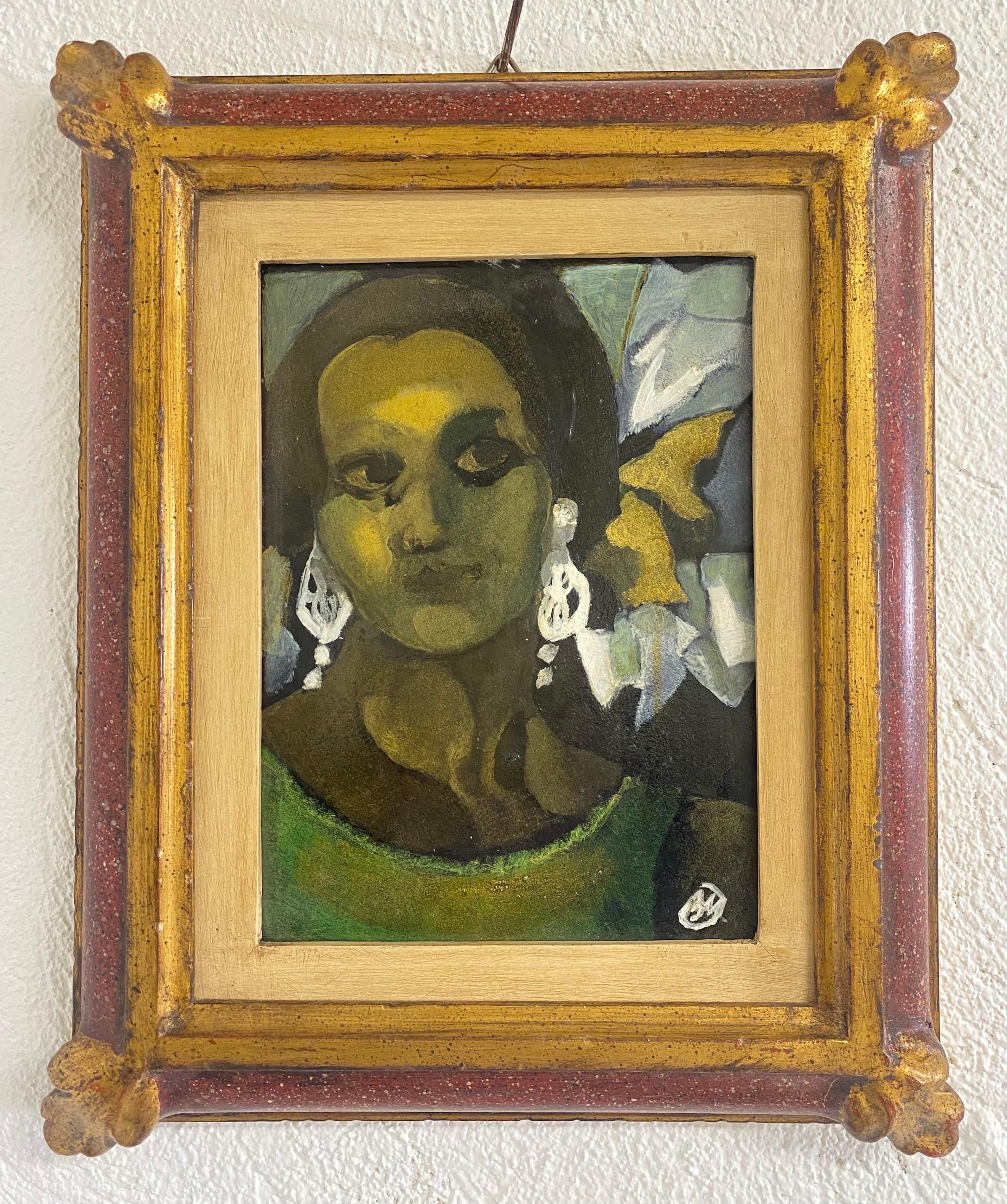 Pittura Ritratto di giovane donna su tavola incorniciato della fine del XX secolo. in vendita