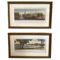 Gerahmte Stift- und Aquarellzeichnungen aus St. Petersburg des späten 20. Jahrhunderts - Paar