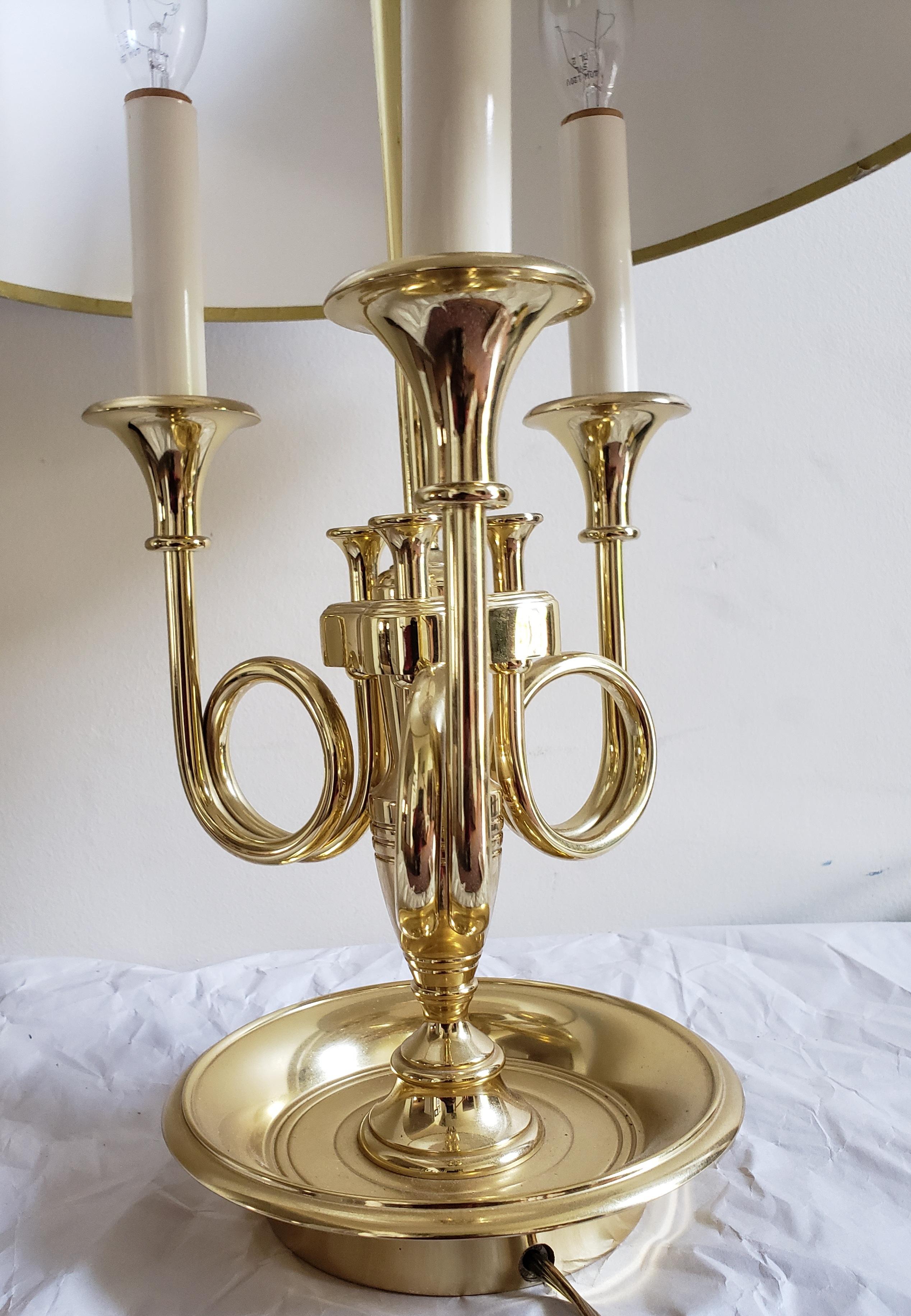 Late 20th Century French Bouillote 3-Arm Polished Brass TableLamp  In Good Condition In Germantown, MD