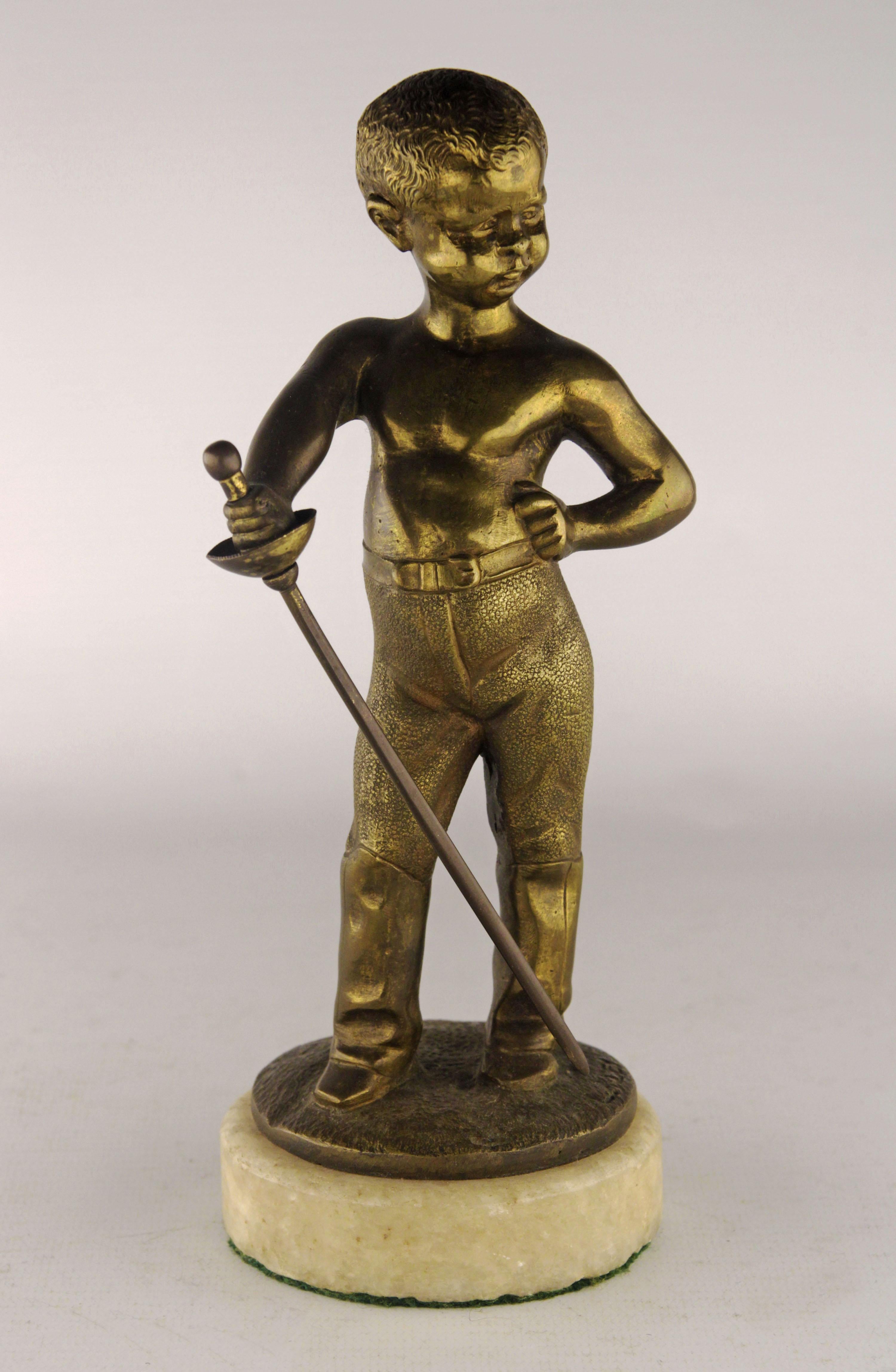 Late 19th century french bronze sculpture of a boy with a sword by Louis Kley

By: Louis Kley
Material: bronze, alabaster, copper, stone, metal
Technique: cast, patinated, molded, metalwork, polished
Dimensions: 3 in x 8 in
Date: late 19th